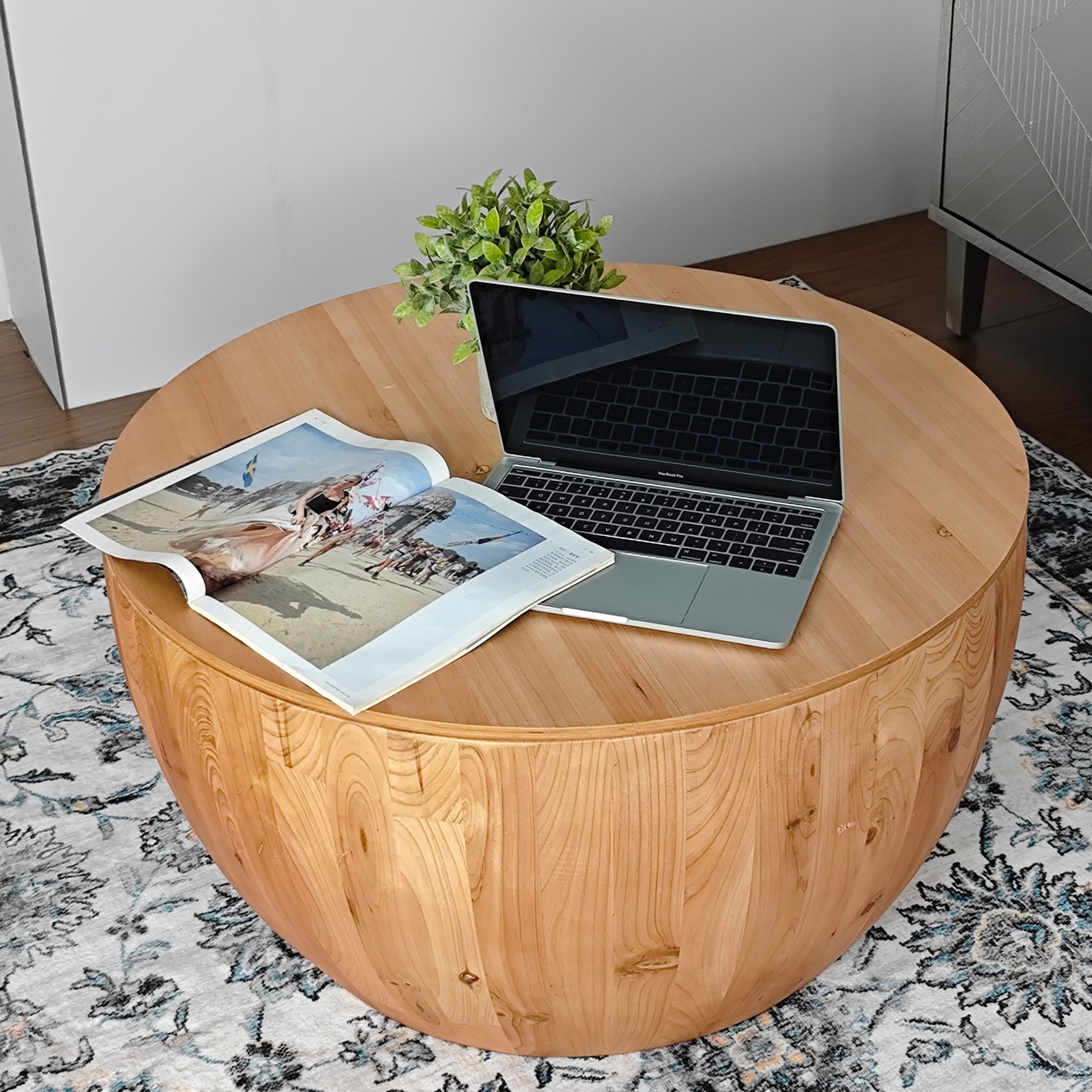 31.50"Vintage Style Bucket Shaped Coffee Table For Office, Dining Room And Living Room Same Sku:W75770648 Natural Solid Wood Mdf