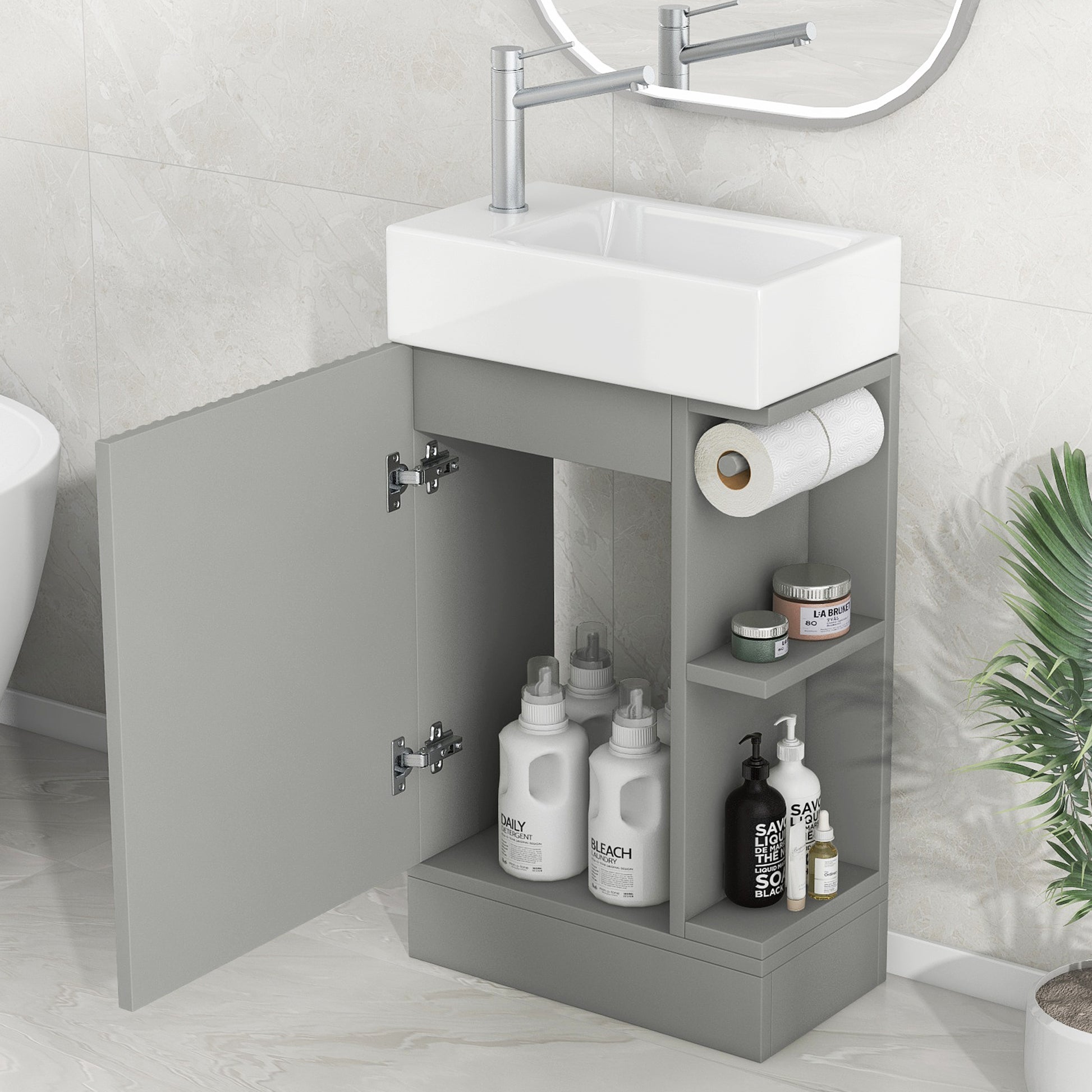 18.6" Bathroom Vanity With Sink, Bathroom Vanity Cabinet With Two Tier Shelf, Left Or Right Orientation, Grey Grey Mdf