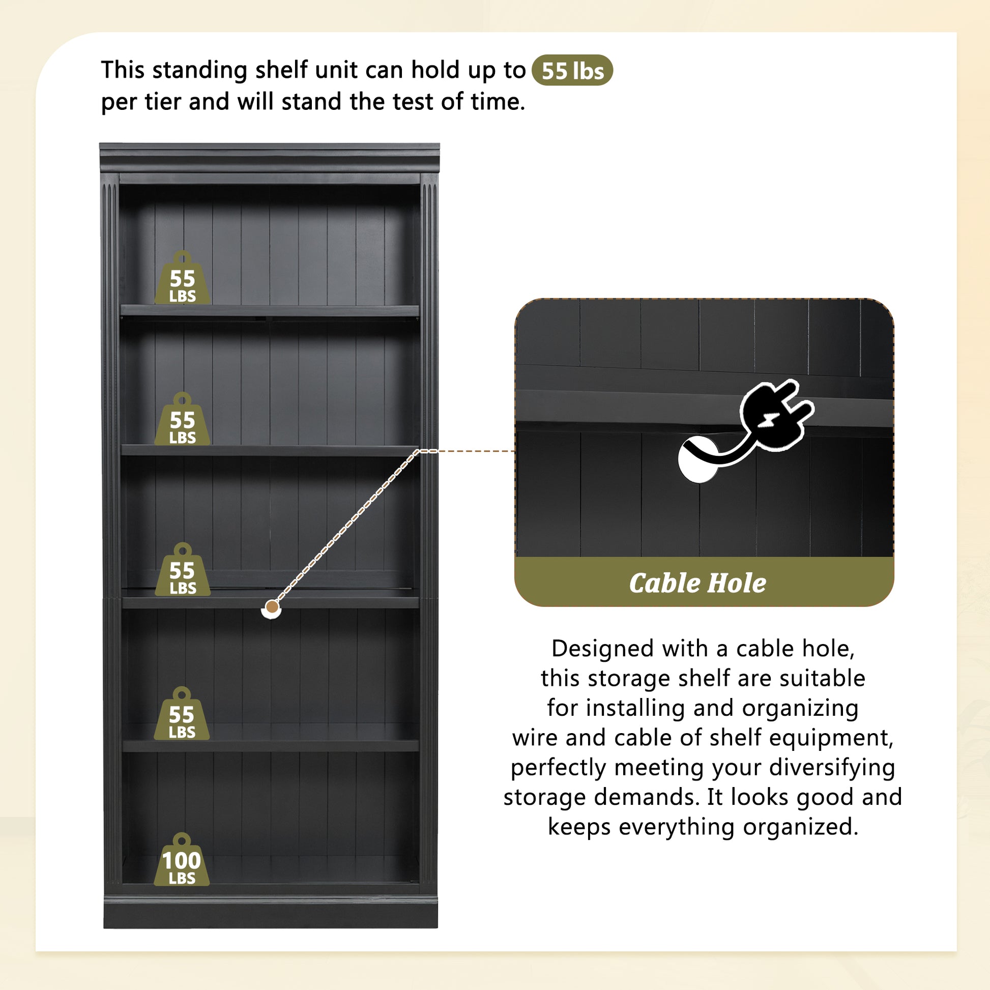 83.4" Tall Wood Bookcase With Light Strip,5 Tier Decor Bookshelves With Adjustable Shelves,Storage Organizer For Cds Books Movies,Free Standing Storage Shelves For Living Room,Home Office,Black