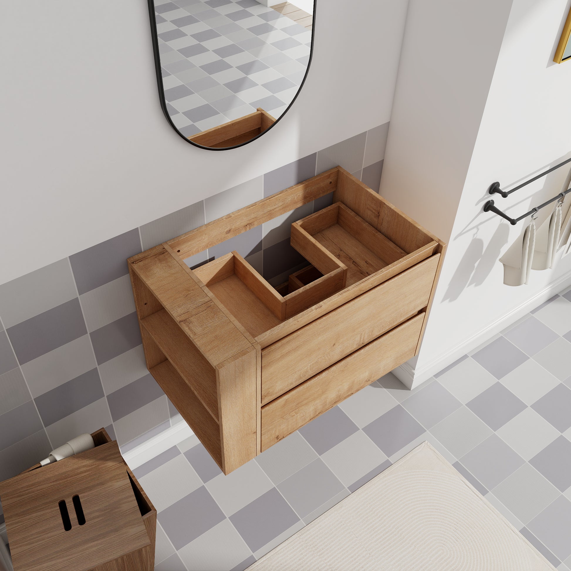 30" Wall Mounting Bathroom Vanity, Soft Close Drawer Only Vanity, Without Basin 2 Imitative Oak 1 Bathroom Wall Mounted Modern Plywood