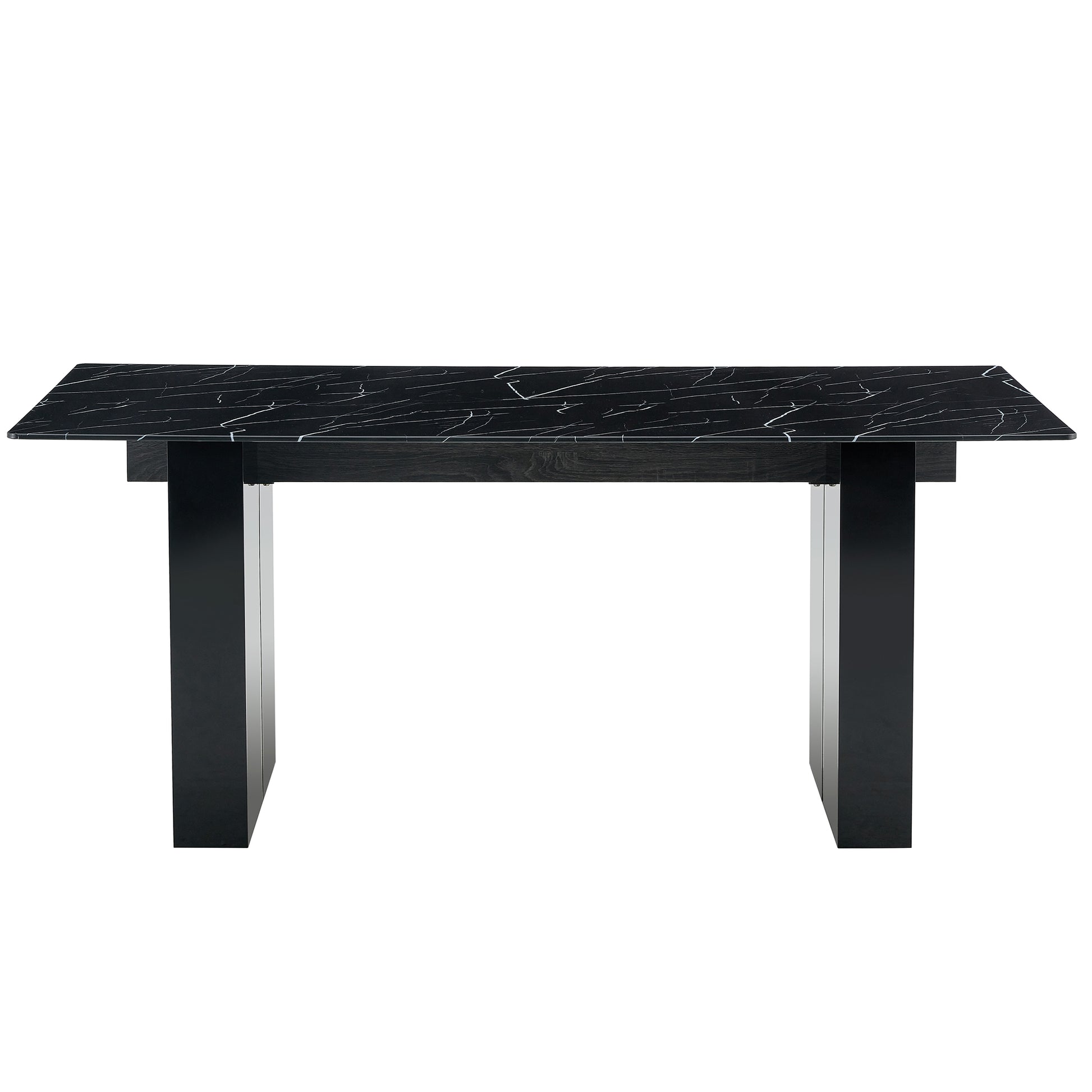 Large Modern Rectangular Table With 0.39 "Black Patterned Top And Large Mdf Legs, Suitable For Kitchen, Dining And Living Room 71" * 35.4 "* 30" 1546 Black Mdf Glass