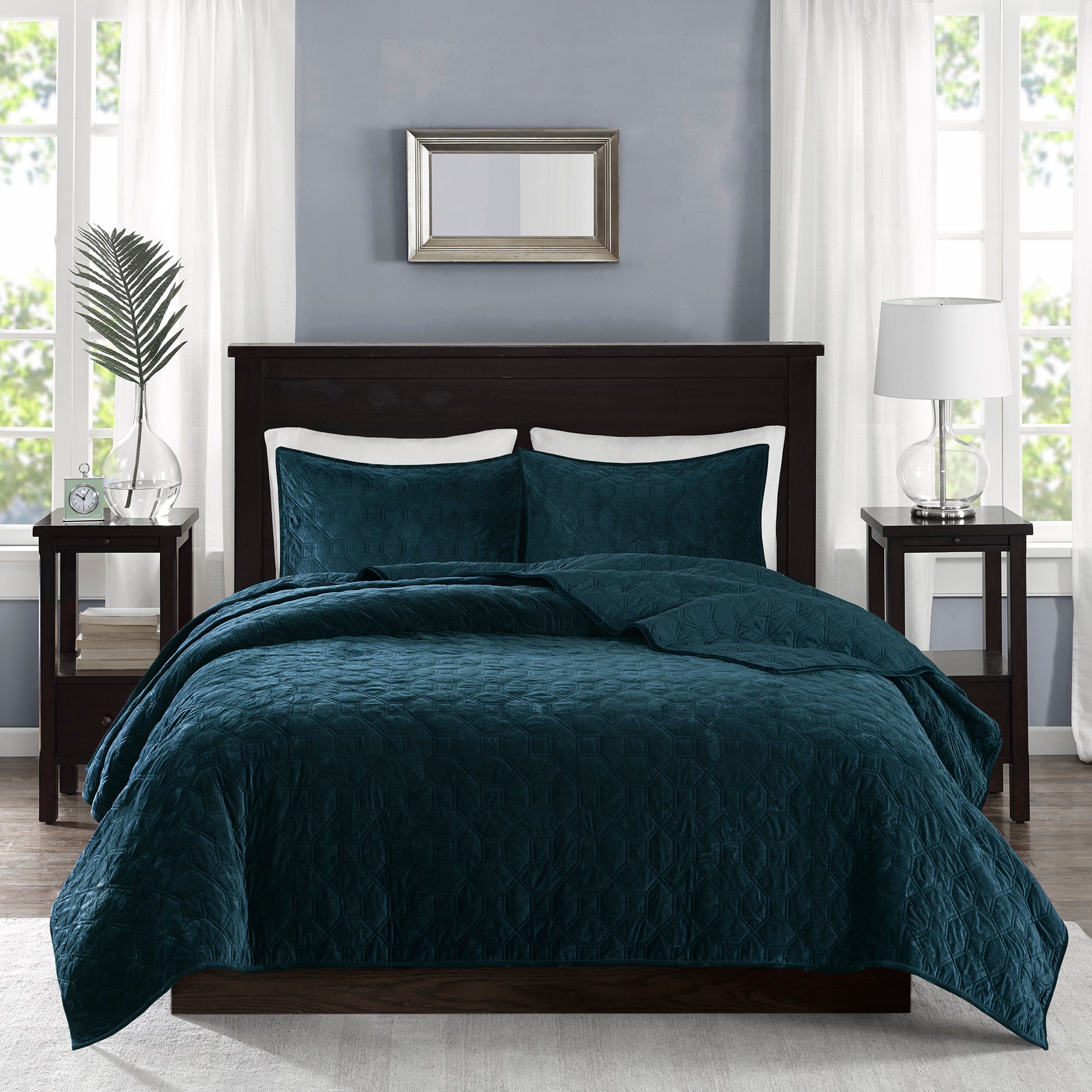 3 Piece Velvet Quilt Set Teal Full Queen Full Teal Cotton