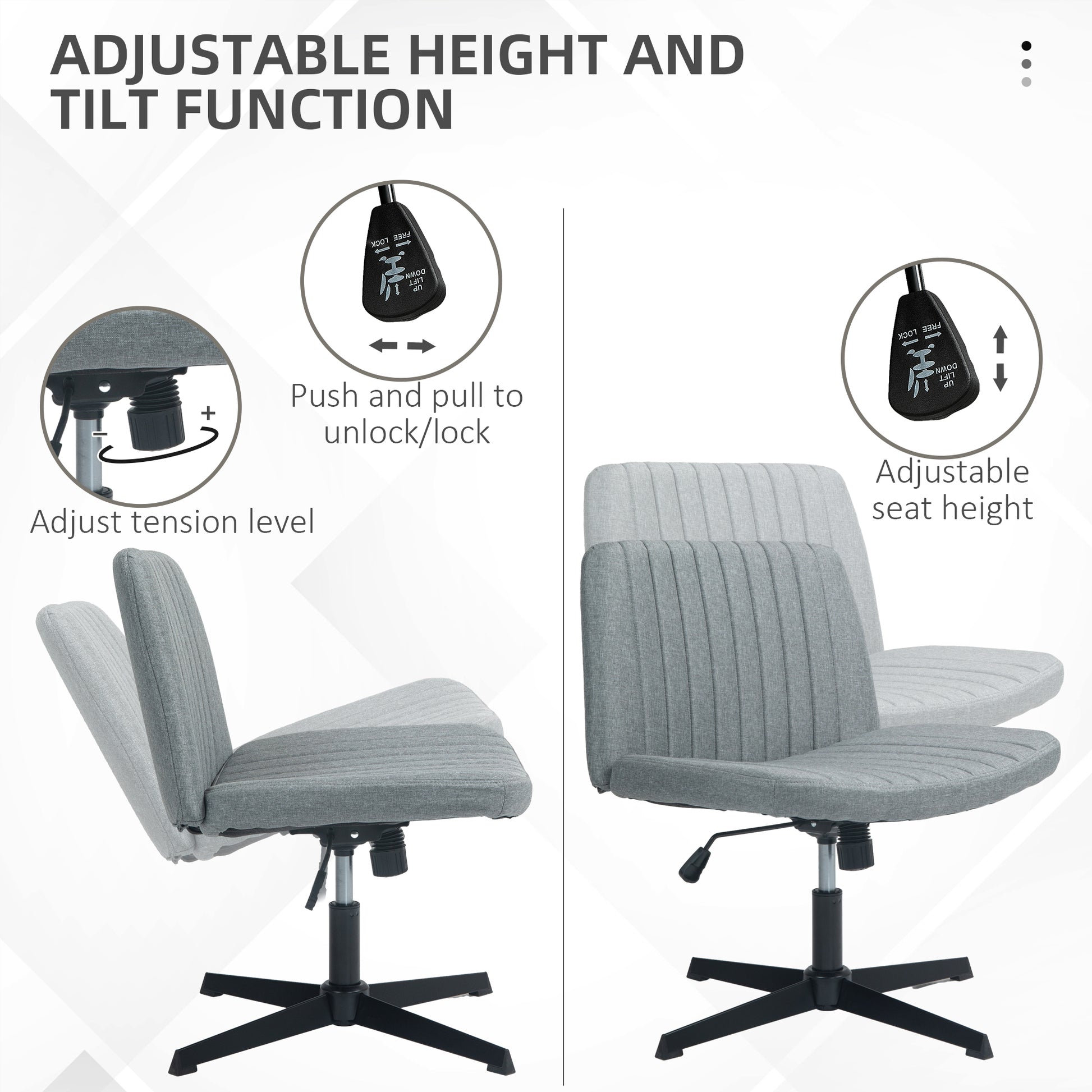 Homcom Wide Office Chair, Armless Office Desk Chair, Computer Fabric Vanity Chair With Adjustable Height, Gray Grey Polyester