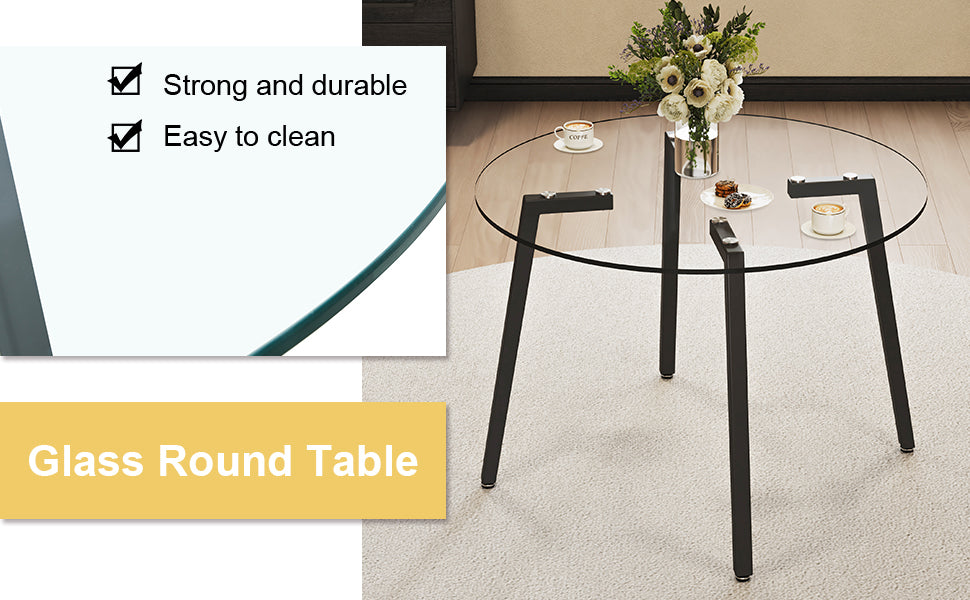 Table And Chair Set.A Modern Minimalist Style Round Clear Tempered Glass Table With Black Metal Legs.Paried With 4 Chairs With Modern Pu Leather High Back Upholstered And C Tube Black Metal Legs.