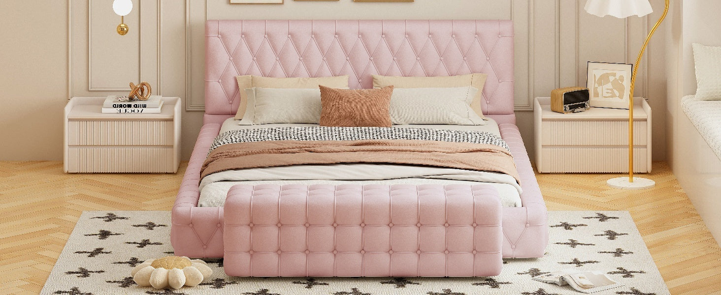 2 Pieces Bedroom Sets Queen Size Upholstered Bed With Rectangular Upholstered Ottoman For Bedroom,Pink Queen Pink 2 Piece Set Solid Wood Mdf