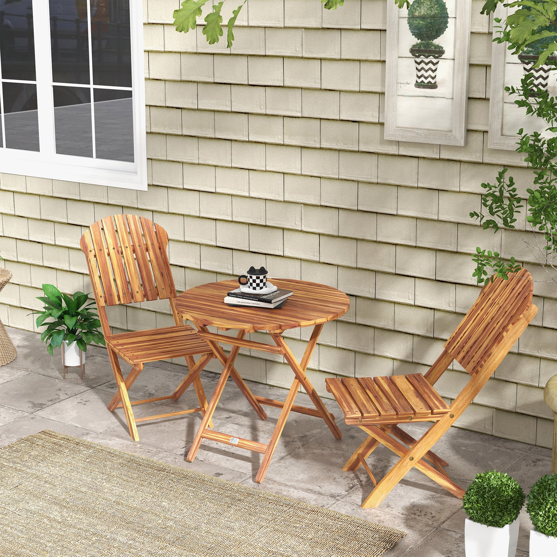 Outsunny 3 Piece Acacia Wood Bistro Set, Foldable Bistro Table And Chairs, Outdoor Bistro Set For Garden, Backyard, Balcony, Deck, Porch, Natural Wood Finish Natural Acacia Wood