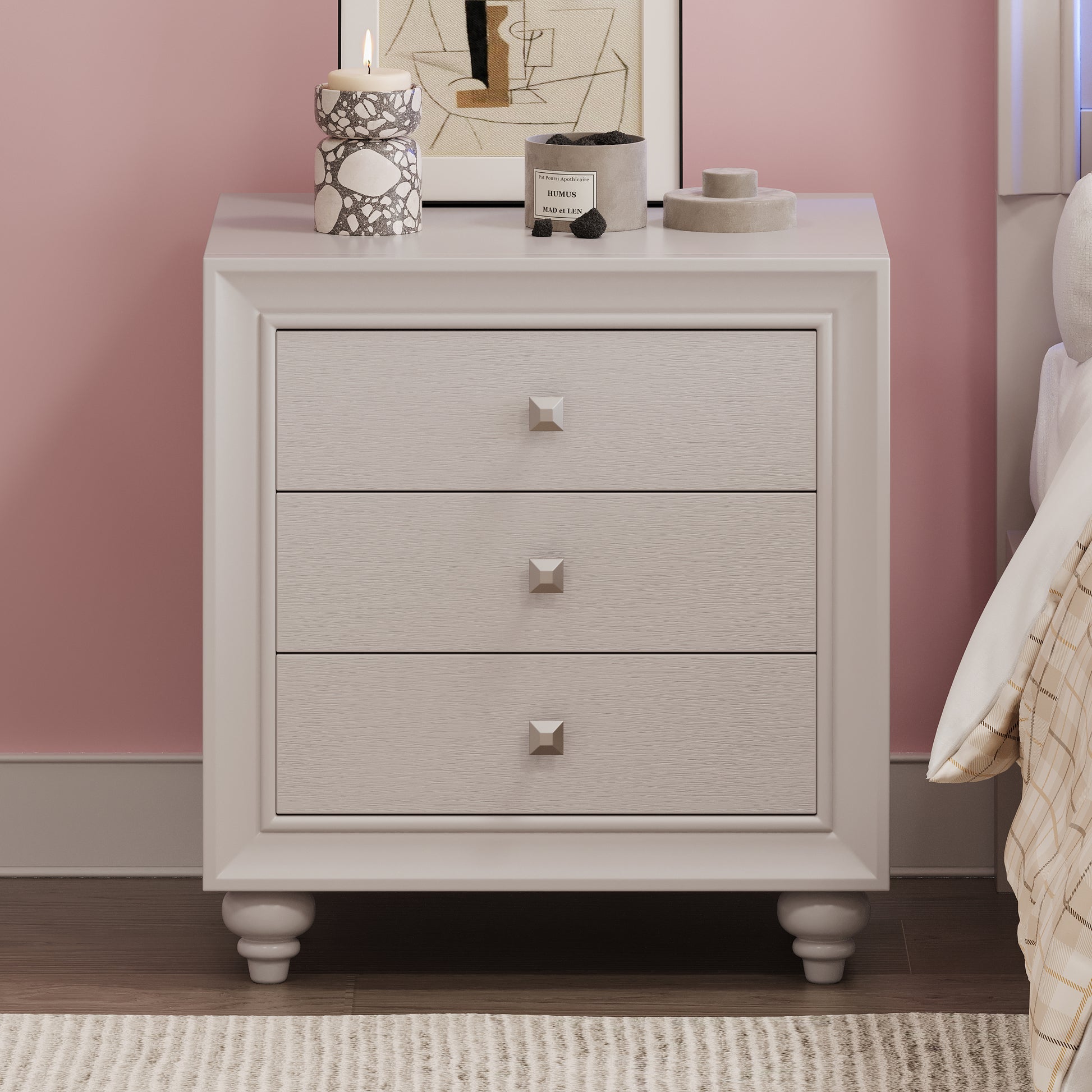 Modern Style Nightstand With 3 Drawers, Bed Side Table, End Table For Bedroom Living Room, Cream Grey Cream Grey Wood