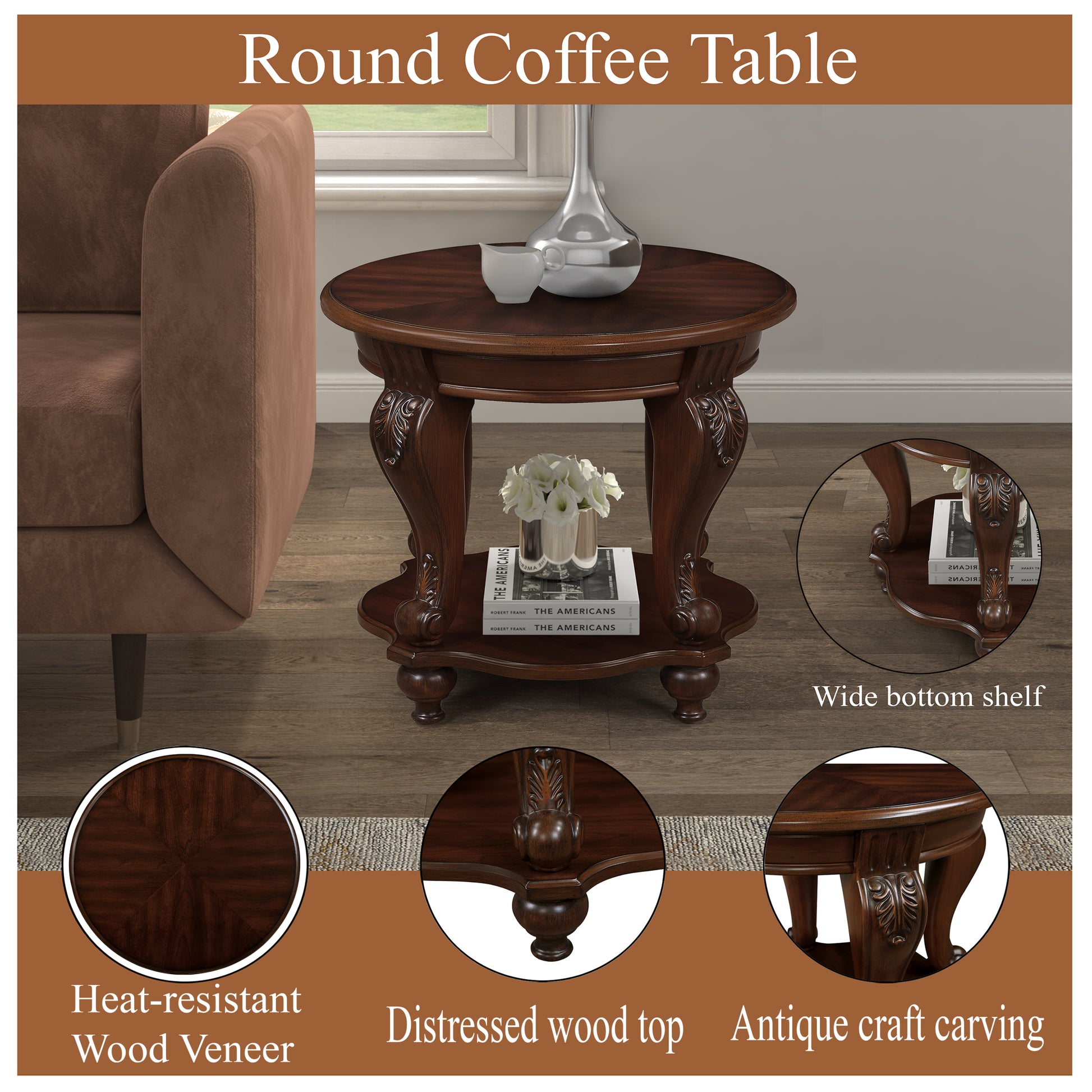 22'' Retro Round End Table,Solid Wood Sofa Side Table With Shelf,Living Room Corner Table Easy Assemble,Cherry Color Written On Box Is Light Espresso Light Espresso Rubber Wood