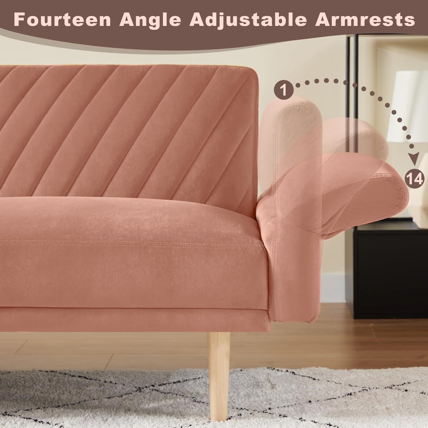 78'' Velvet Futon Sofa Bed, Convertible Sleeper Couch Bed With Adjustable Armrests And Backrest, Loveseat Sleeper Bed With 2 Pillows, Modern Futon Couch For Living Room, Pink Brown Wood Bedroom Heavy Duty Oak 2 Seat Light Pink Velvet Soft Cushion Back