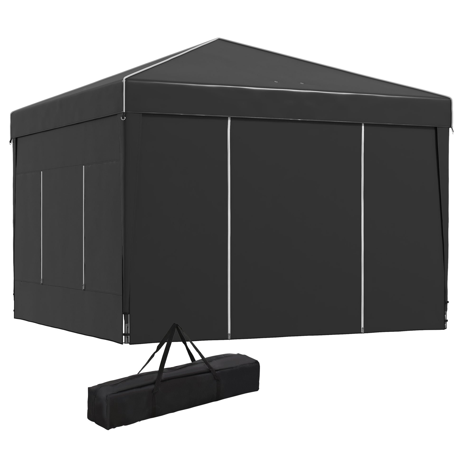 Outsunny 9.7' X 9.7' Pop Up Canopy With Sidewalls, Portable Canopy Tent With 2 Mesh Windows, Reflective Strips, Carry Bag For Events, Outdoor Party, Vendor Canopy, Black Black Steel