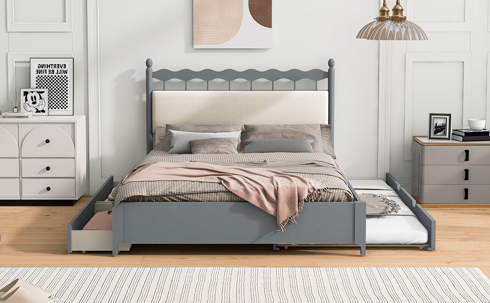 Queen Size Wooden Storage Platform Bed, With 2 Big Drawers, T Size Trundle, Gray Queen Gray Plywood