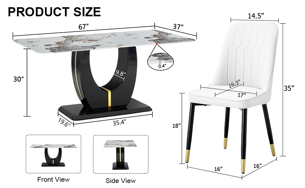 Table And Chair Set, Modern Dining Table, Patterned Table Top And Black Mdf Leg Table, Soft And Comfortable Dining Chair, Perfect For Dinner, Meetings, Home And Office Decor White Black Mdf Glass