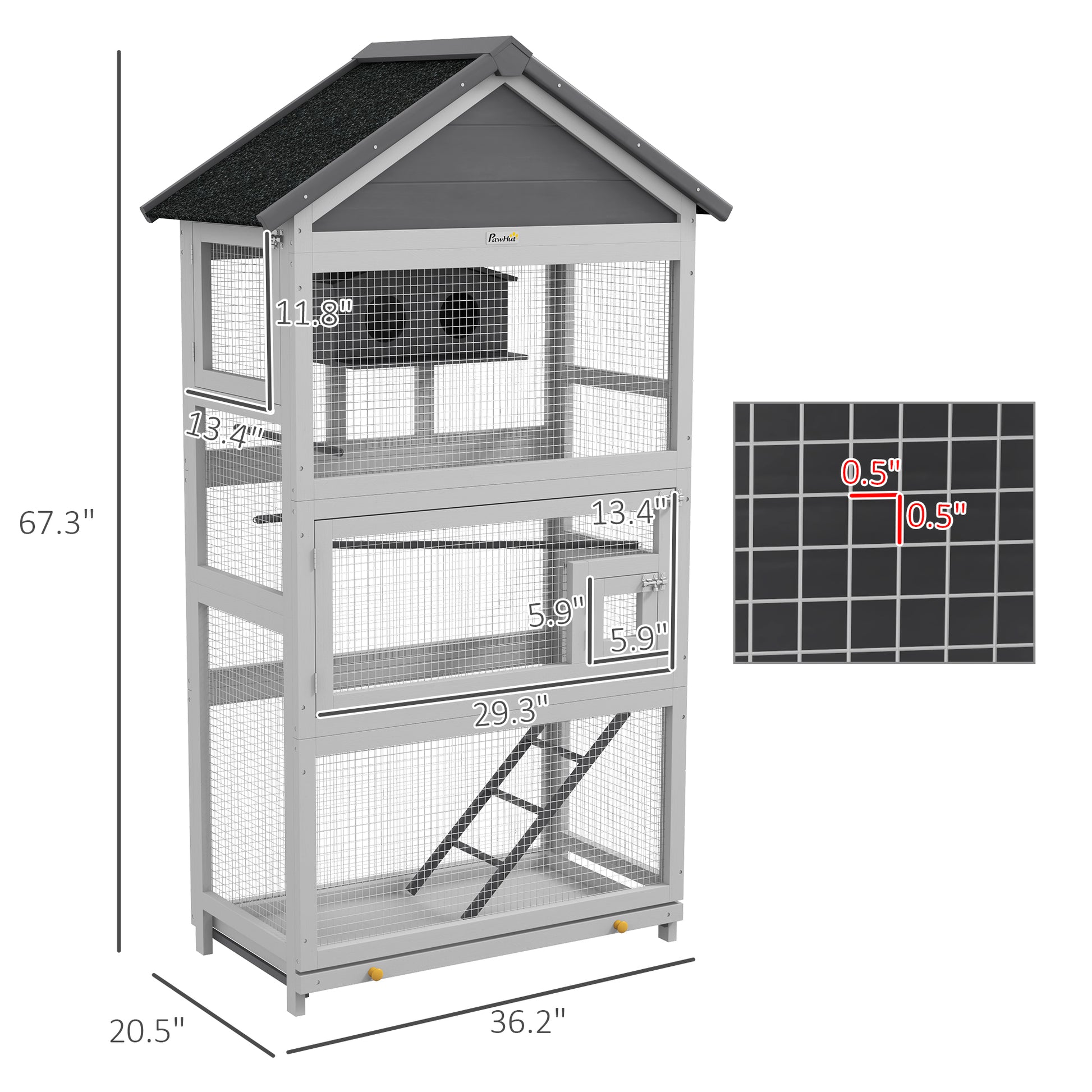 Pawhut Wooden Bird Aviary, 67" Outdoor Bird Cage With Slide Out Tray, Three Doors, Birdhouse, Ladder, Perches For Finches, Parakeets, Gray Gray Wood