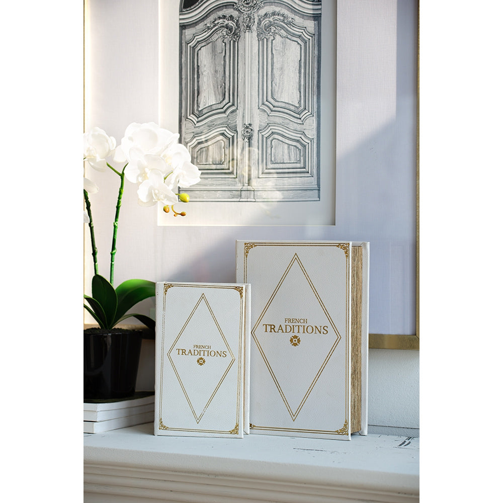 Set Of 2 Book Boxes, L:10.6X6.9X2.6", S:8X5X2" White Gold Mdf