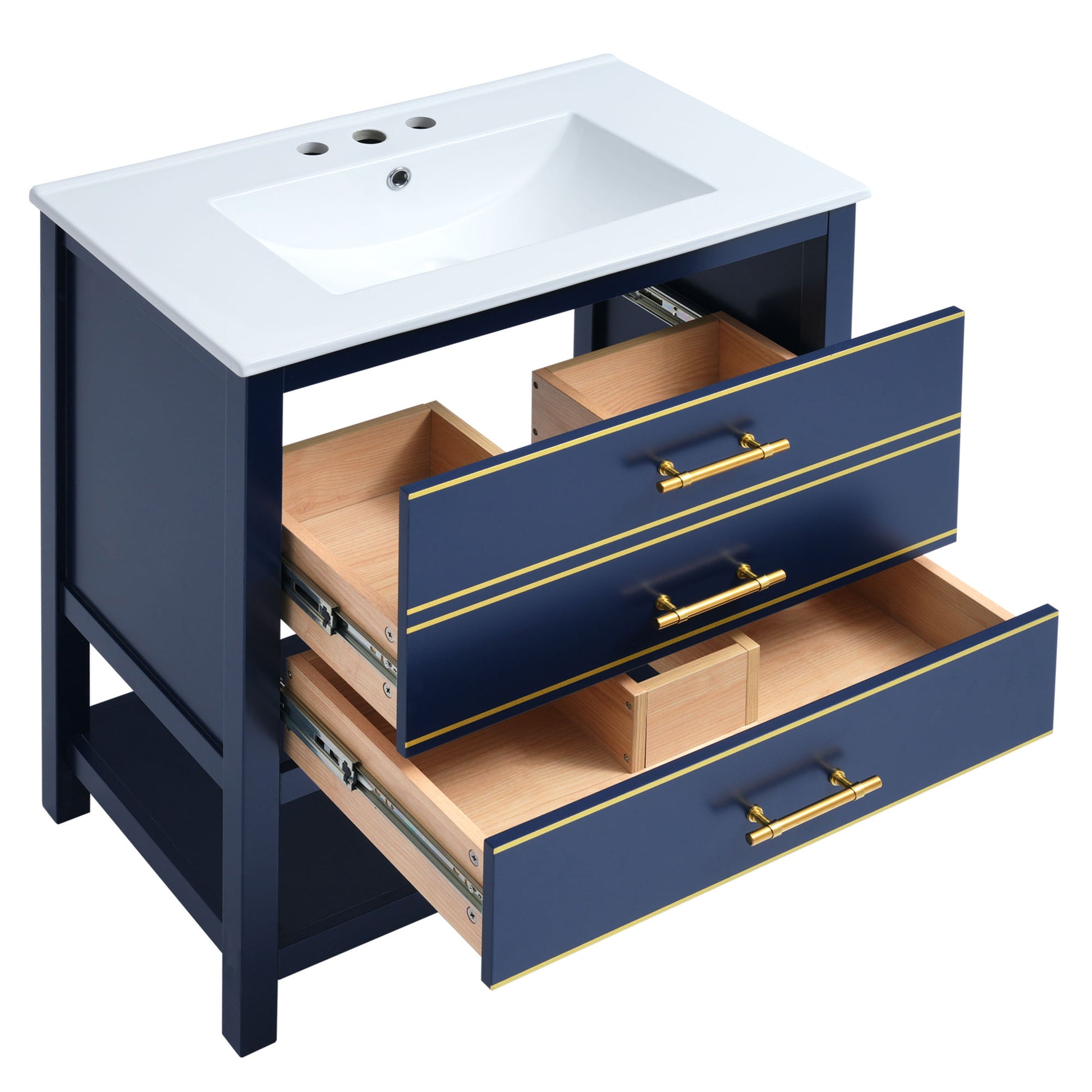 Viedo Modern 30Inch Navy Blue White Bathroom Vanity Cabinet Combo With Openstorge, Two Drawers Blue Bathroom Solid Wood Mdf