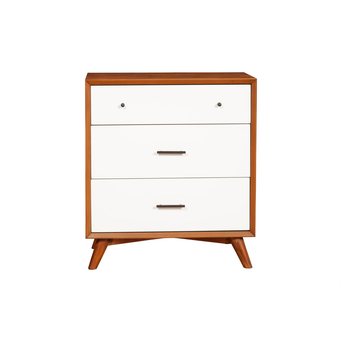 Modern Style Wooden Chest With Three Drawers And Flared Legs, Brown And White Brown White Solid Wood