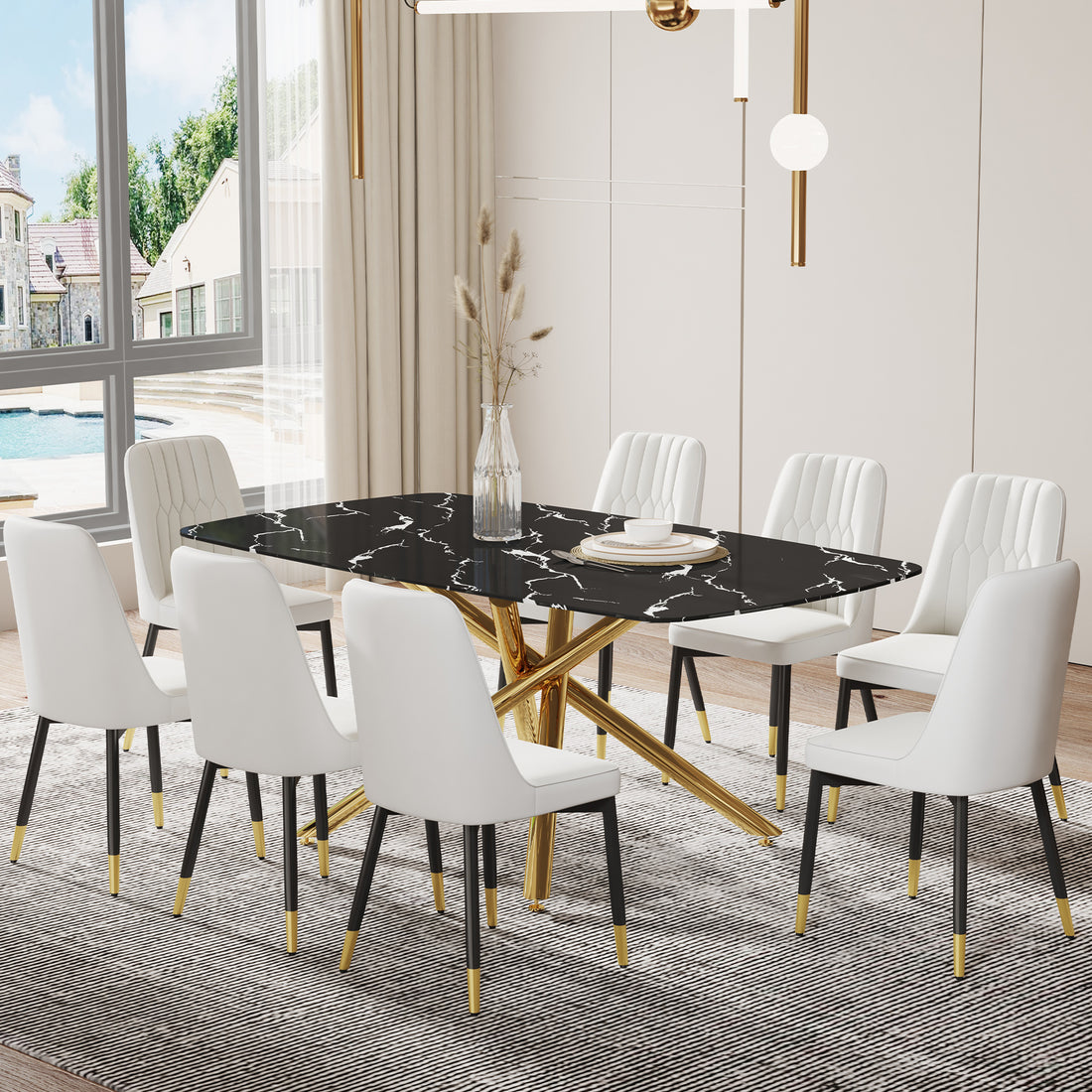 Large Modern Minimalist Rectangular Dining Table With 0.39 "Imitation Marble Black Tabletop And Golden Metal Legs, Paired With Chairs With Pu Cushions And Black Metal Legs. F 1537 C 007 Black Gold Glass Metal