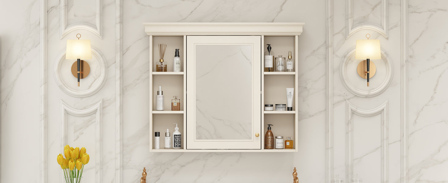 35'' X 28'' Blue Wall Mounted Bathroom Storage Cabinet With Mirror Door, Modern Bathroom Wall Cabinet With Mirror, Medicine Cabinet With 6 Open Shelves Beige Cream 1 Adjustable Shelves Wall Mounted Luxury Mdf Glass Painted