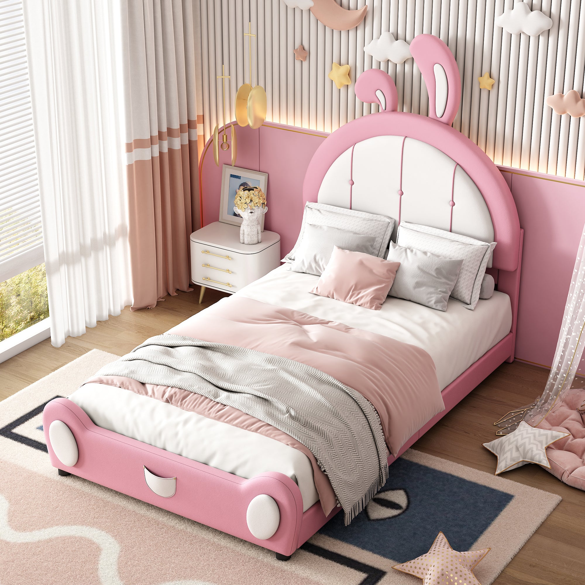 Twin Size Upholstered Platform Bed With Rabbit Shaped Headboard, Pink