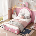 Twin Size Upholstered Platform Bed With Rabbit Shaped Headboard, Pink Box Spring Not Required Twin Pink White Wood Bedroom Bed Frame Faux Leather Upholstered