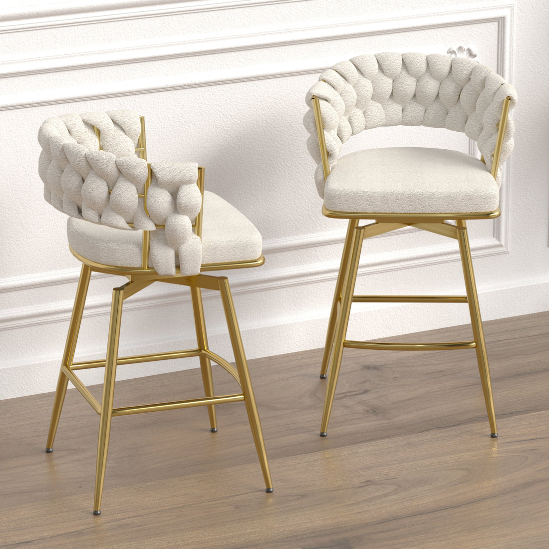 Bar Chair Toweling Woven Bar Stool Set Of 2,Golden Legs Barstools No Adjustable Kitchen Island Chairs,360 Swivel Bar Stools Upholstered Counter Stool Arm Chairs With Back Footrest, White White Foam Linen