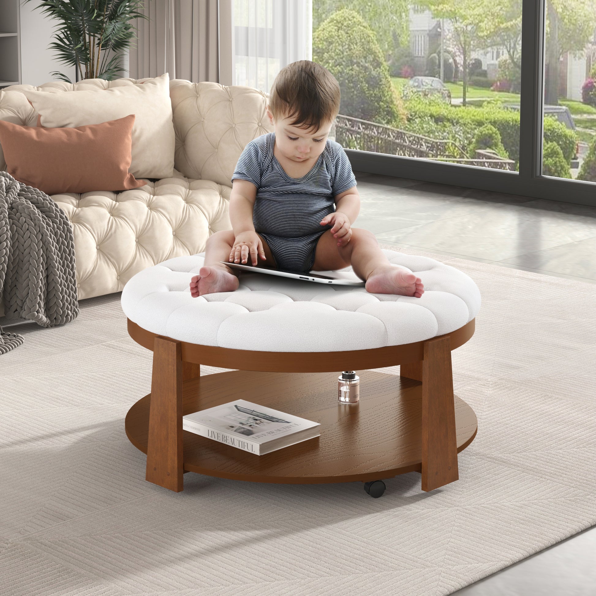Modern Large Round Ottoman Coffee Table 2 Tier Oversized Button Tufted Ottoman With Wood Shelf Storage Upholstered Coffee Table For Living Room Footrest Ottoman With Wheel, Waterproof Linen Ivory White Rubber Wood