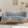 Enzo 74 Inch Modern Loveseat, Channel Tufted Kidney Shape, Gray And Gold Gray Wood 3 Seat
