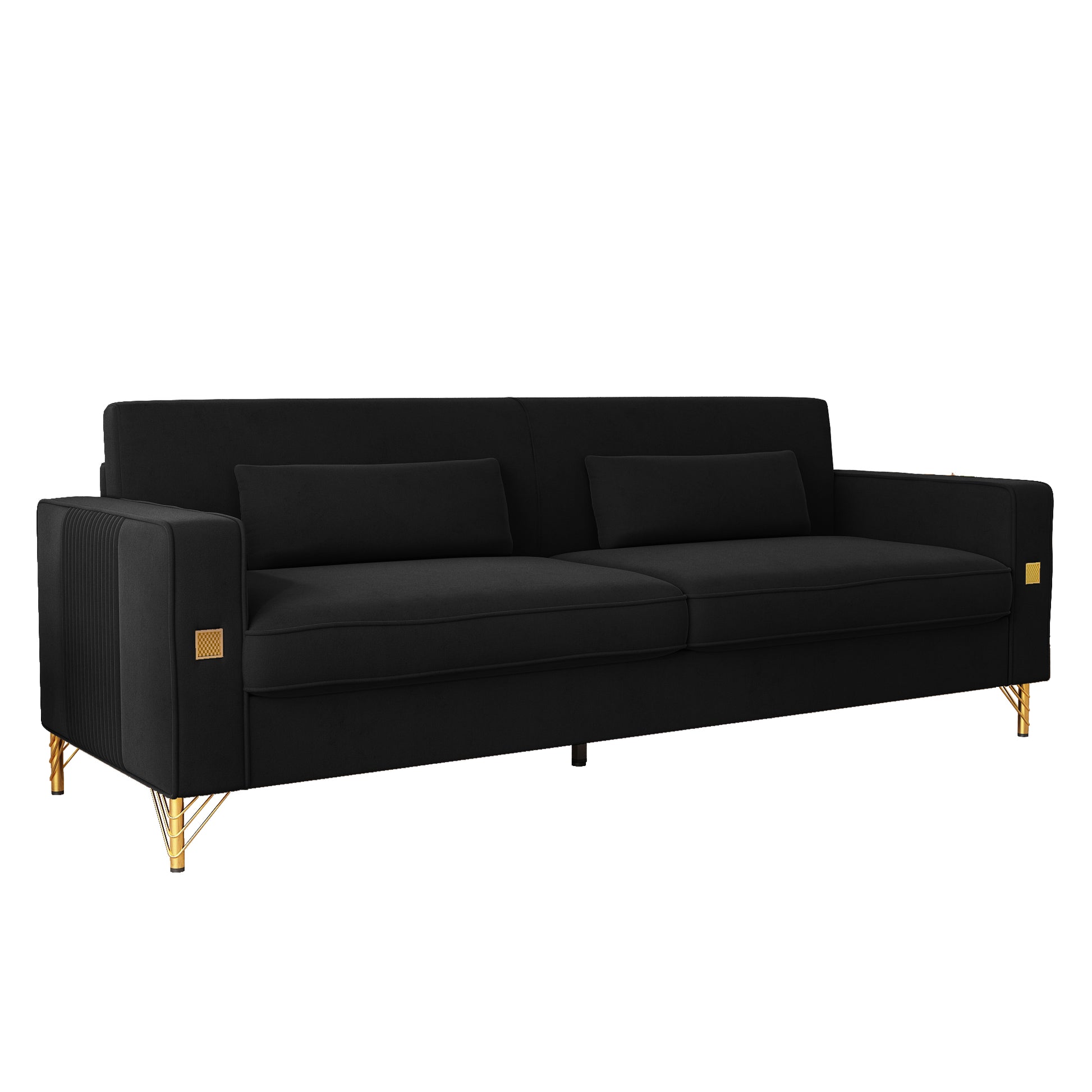 Fx P18 Bk Sofa Luxury Velvet Sofa With Gold Accents Modern 3 Seat Couch With Plush Cushions, Perfect For Living Room And Office Decor Black Velvet 3 Seat