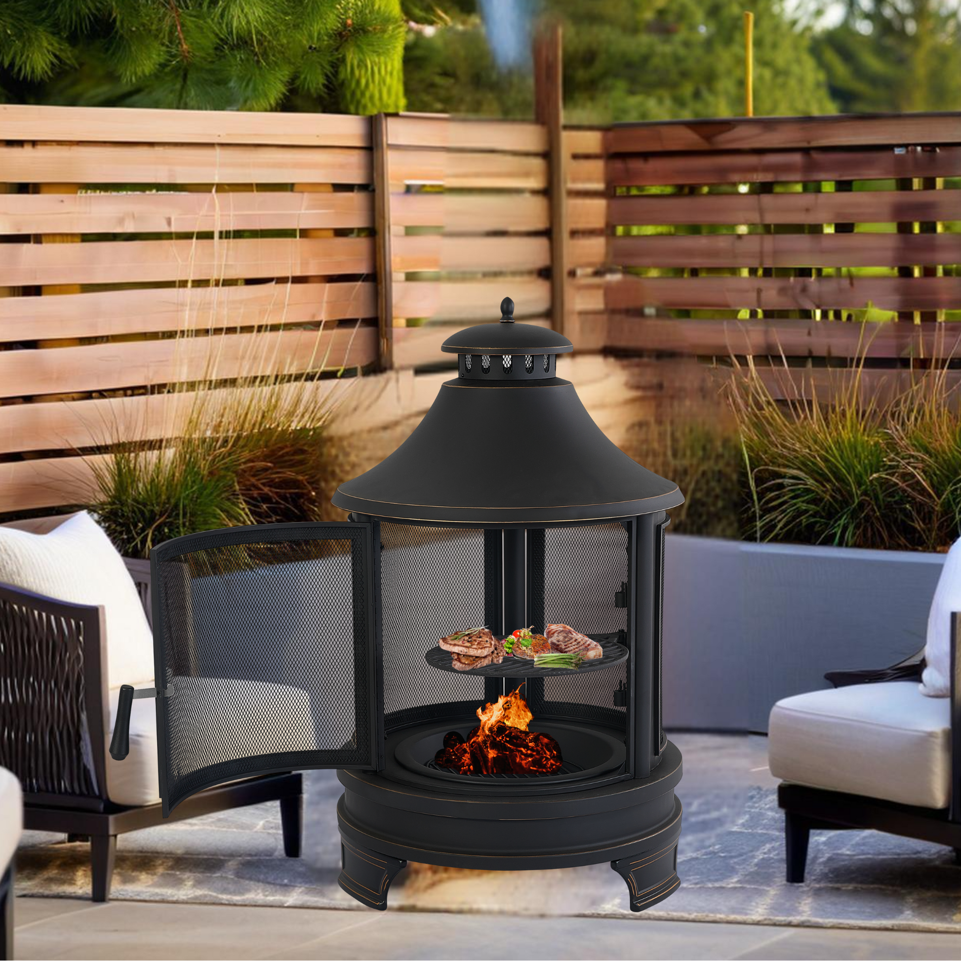 Xot035 Garden Metal Outdoor Heating Furnace For Backyard 2 In 1 Fire Pit For Outdoor Black Garden & Outdoor Metal