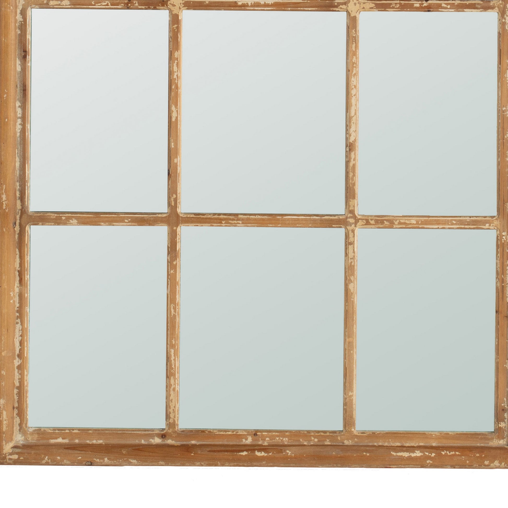 54 Inch Wall Mirror With Window Pane Design, Fir Wood, Distressed Brown Brown Wood