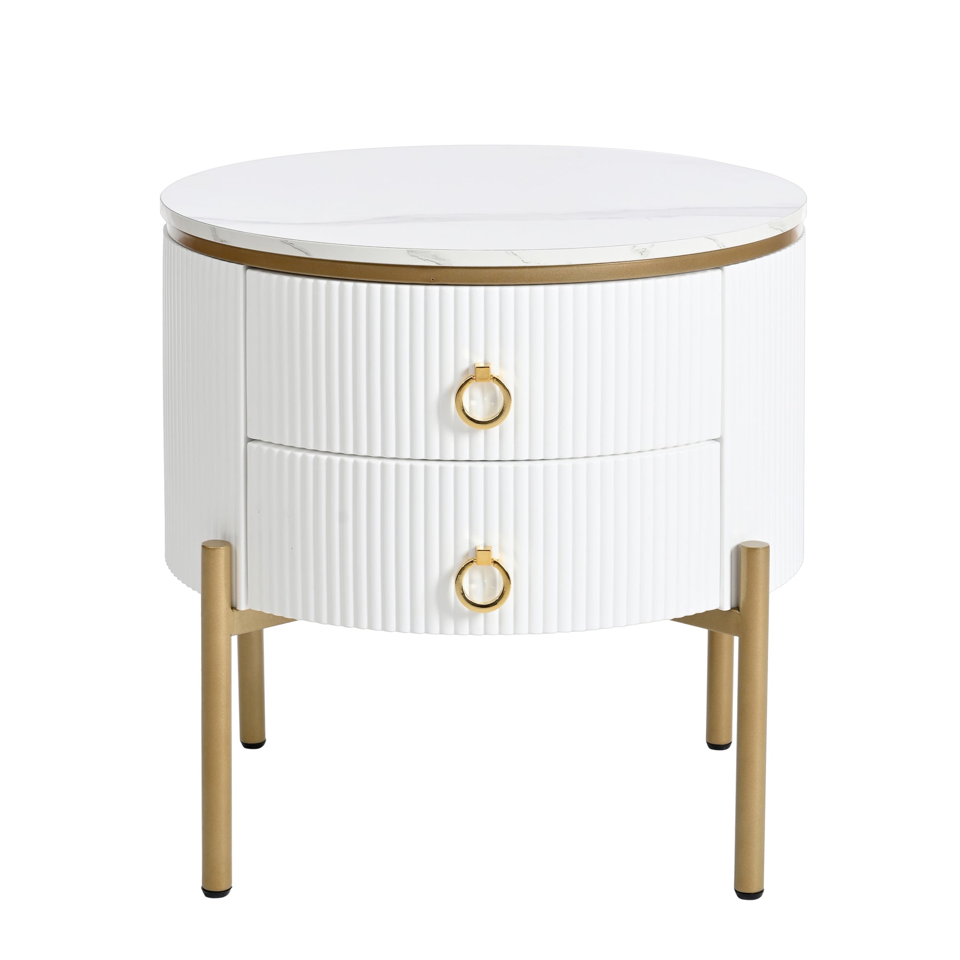 19.6'' Easy Assembly Round End Table With Storage Drawers, Fluted Nightstand With High Gloss Faux Marble Tabletop, Modern Coffee Table With Metal Legs And Handles For Living Room, White White Gold Primary Living Space Drawers Round Mdf Iron