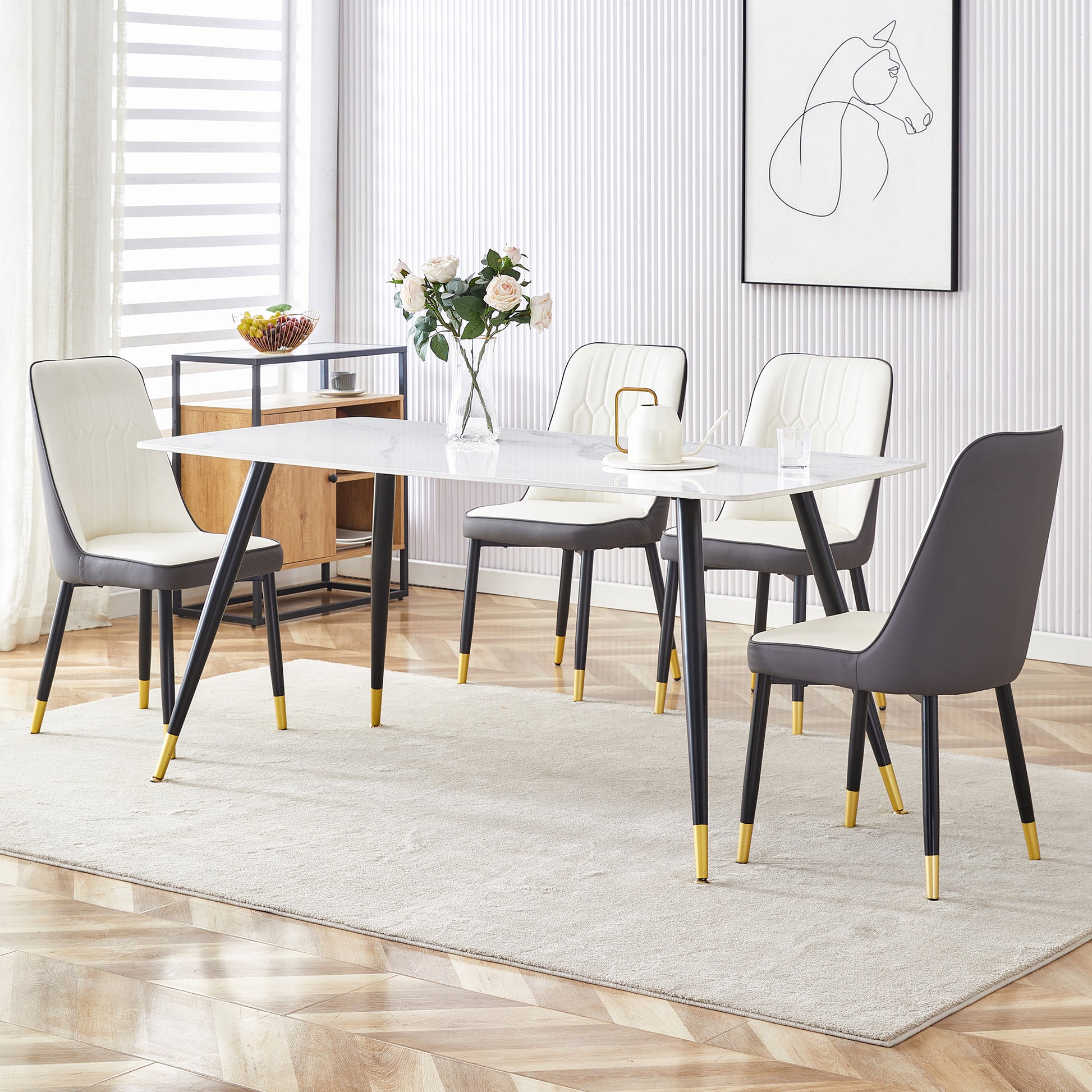 Modern Minimalist Dining Table. White Imitation Marble Pattern Sintered Stone Desktop With Black Metal Legs.62.2"*34.6"*30" F 001 Black Gold Sintered Stone