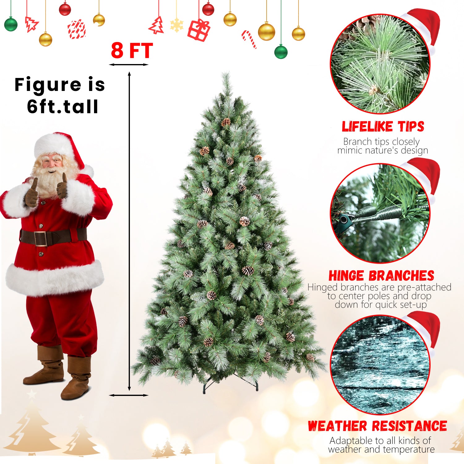 8Ft Scotch Pine Christmas Tree, Premium Frosted Pre Decorated Artificial Holiday Decor W 1,858 Branch Tips, Xmas Trees For Holiday Party Decoration Green Polyethylene