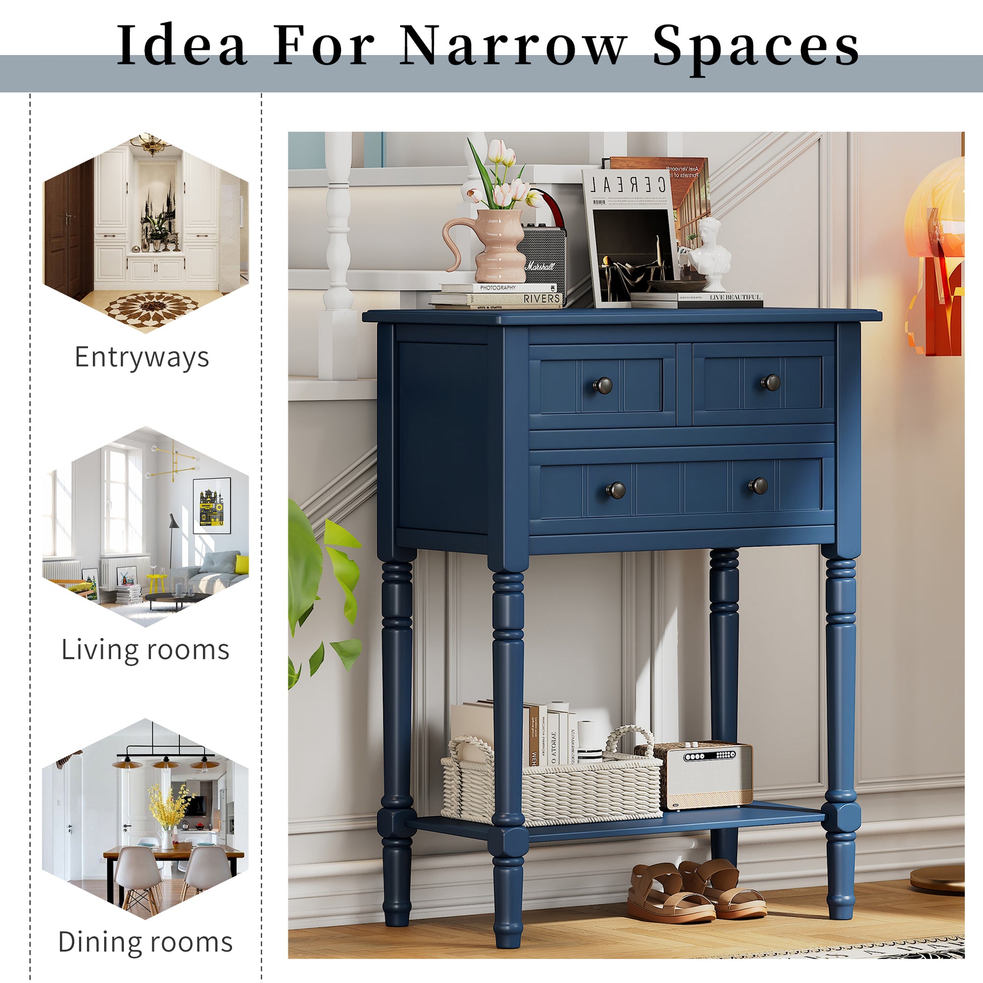 Narrow Console Table, Slim Sofa Table With Three Storage Drawers And Bottom Shelf Navy Navy Solid Wood Mdf
