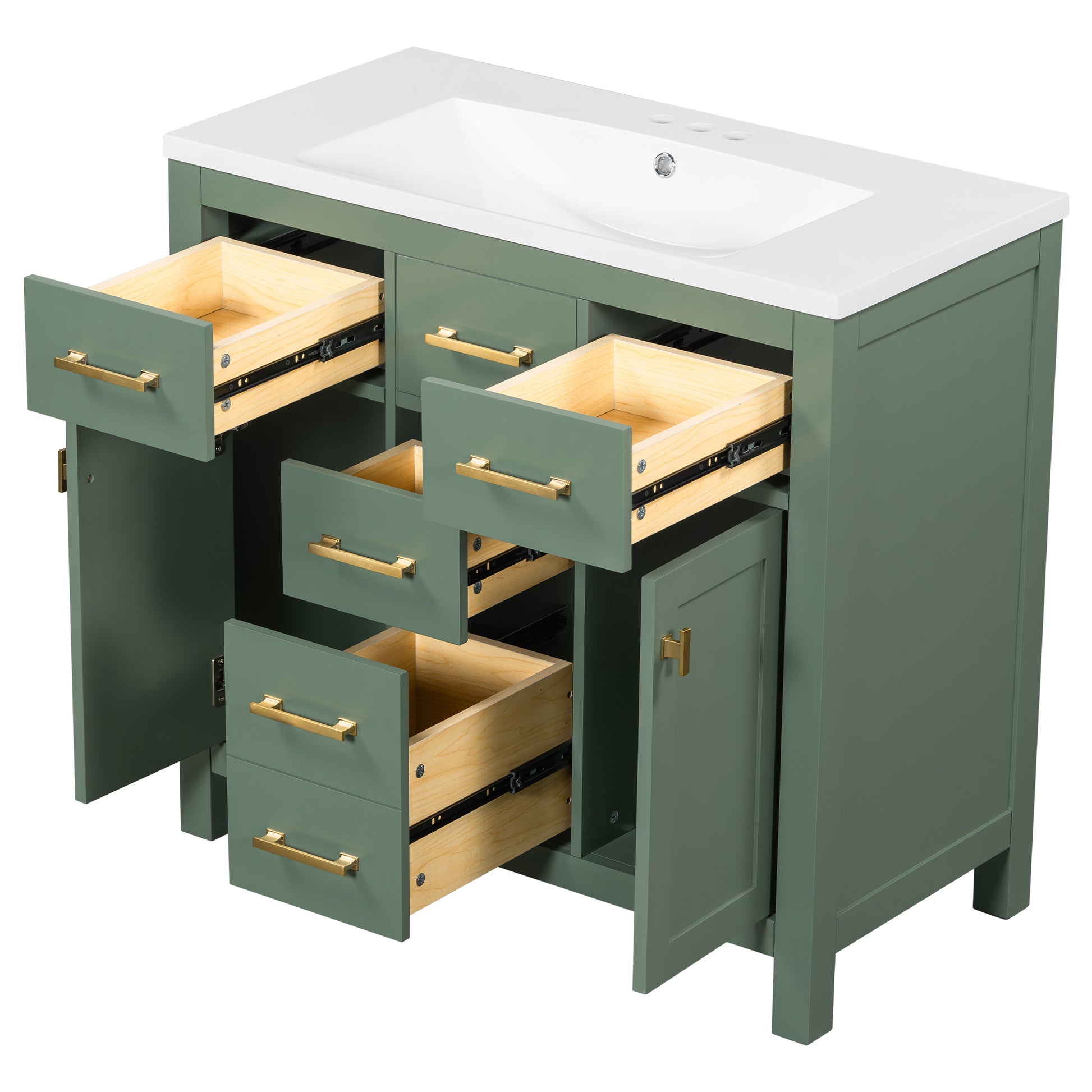 36'' Bathroon Vanity With Resin Sink Combo Set,Modern Freestanding Single Bathroom Cabinet With 4 Drawers & 2 Cabinets,Storage Cabinet For Bathroom, Solid Wood Frame Vanity Set, Green 4 Green 2 2 Adjustable Hinges Bathroom Freestanding Solid Wood Mdf