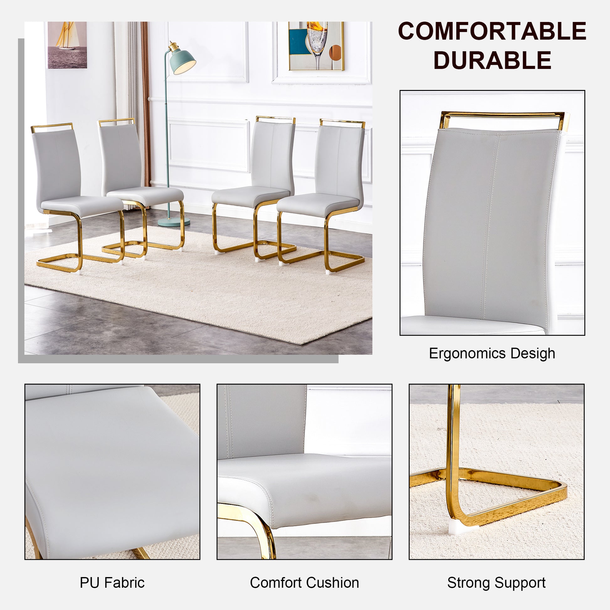 Table And Chair Set.Large Modern Rectangular Table With 0.4 Inch Patterned Glass Tabletop And Large Mdf Table Legs.Comes With 6 Chairs With Faux Leather Cushioned Seats And Golden Metal Legs. Gold White Seats 6 Mdf Glass