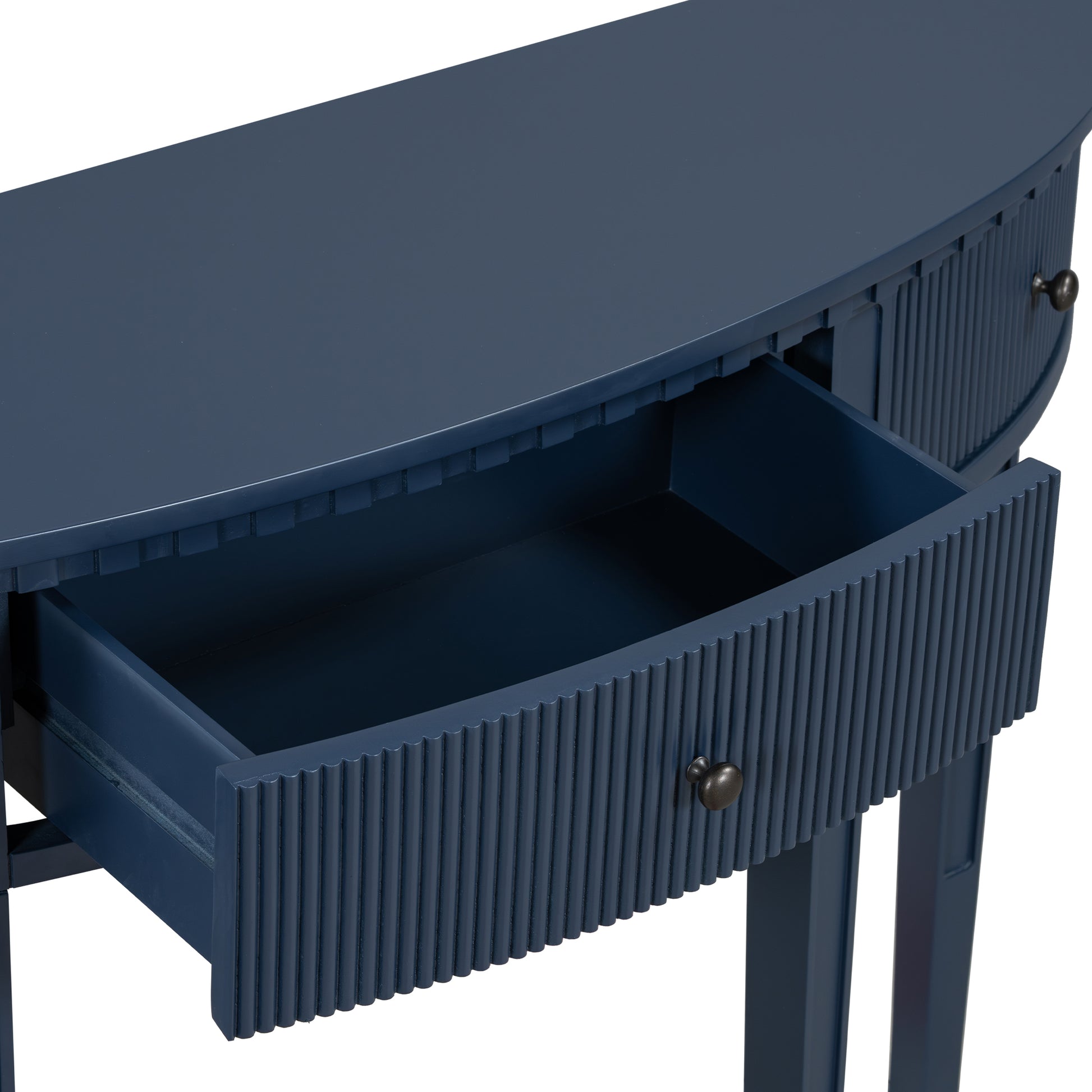 Distinctive Features Of Pine Veneer Console Table With Vertical Stripe Drawer Fronts And Four Legs Navy Blue Primary Living Space Minimalist Mdf