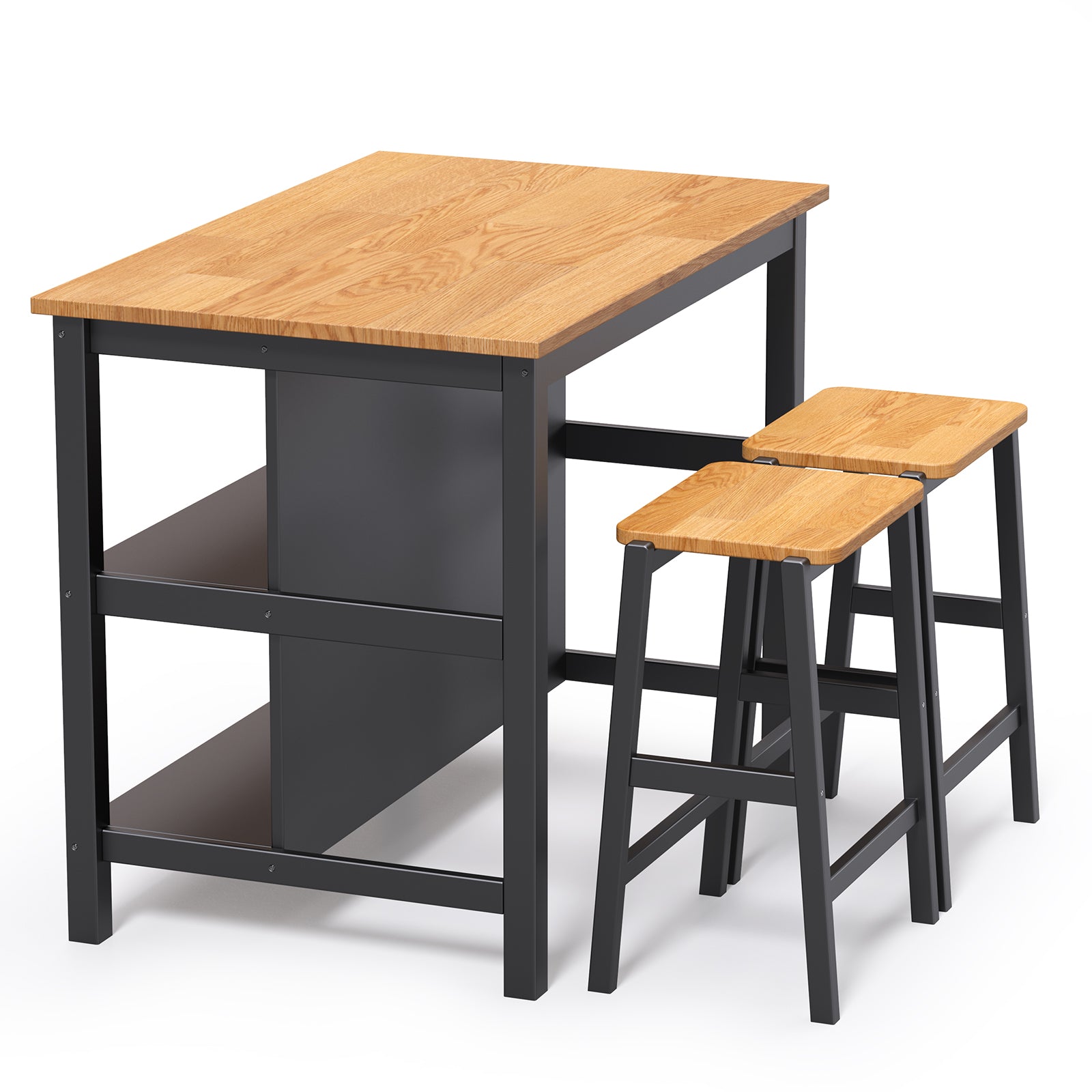 3 Pcs Dining Table Set Rustic Retro Breakfast Table Dining Stools Rubberwood For 2 With Two Open Shelves For Small Space Kitchen Dining Room W69165661 Black Rubber Wood