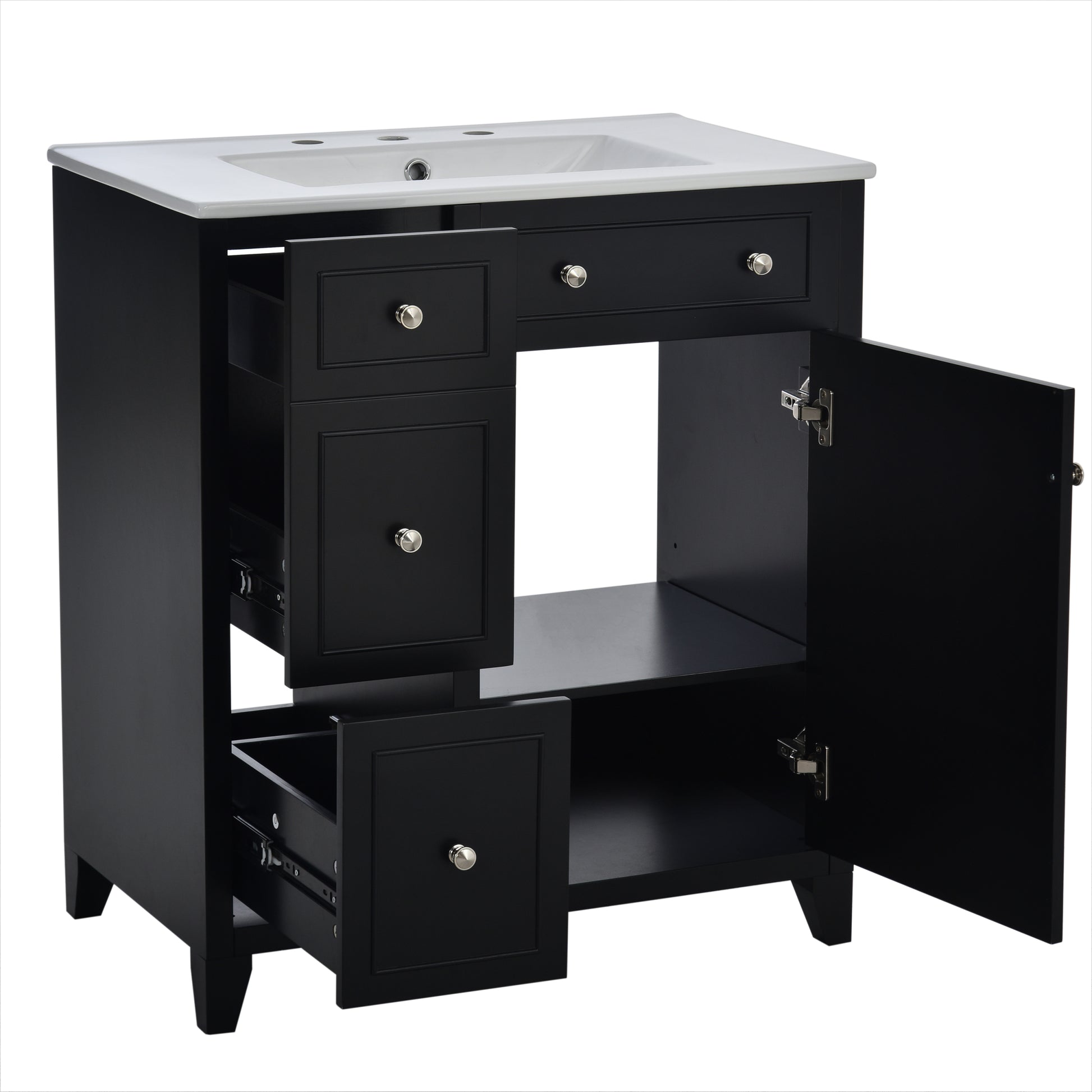 30 Inch Bathroom Vanity Cabinet With Ceramic Basin, Double Layer Drawer, Deep Drawer And Adjustable Shelf Black Bathroom Solid Wood Mdf