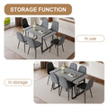 Table And Chair Set. A Minimalist Retro Rectangular Dining Table With A Specially Textured Top And Black Metal Legs, Paired With 6 Soft Chairs And Black Metal Legs, Showcases A Beautiful Home Style.