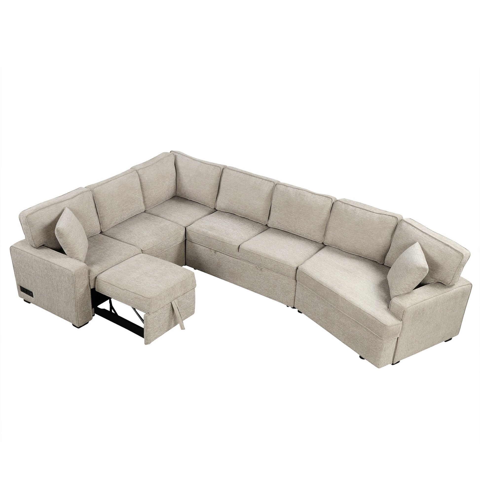 126" L Shaped Sofa Sectional Sofa Couch Pull Out Sofa Bed With Charging Devices And Cup Holders For Living Room, Beige Beige Foam Chenille 6 Seat