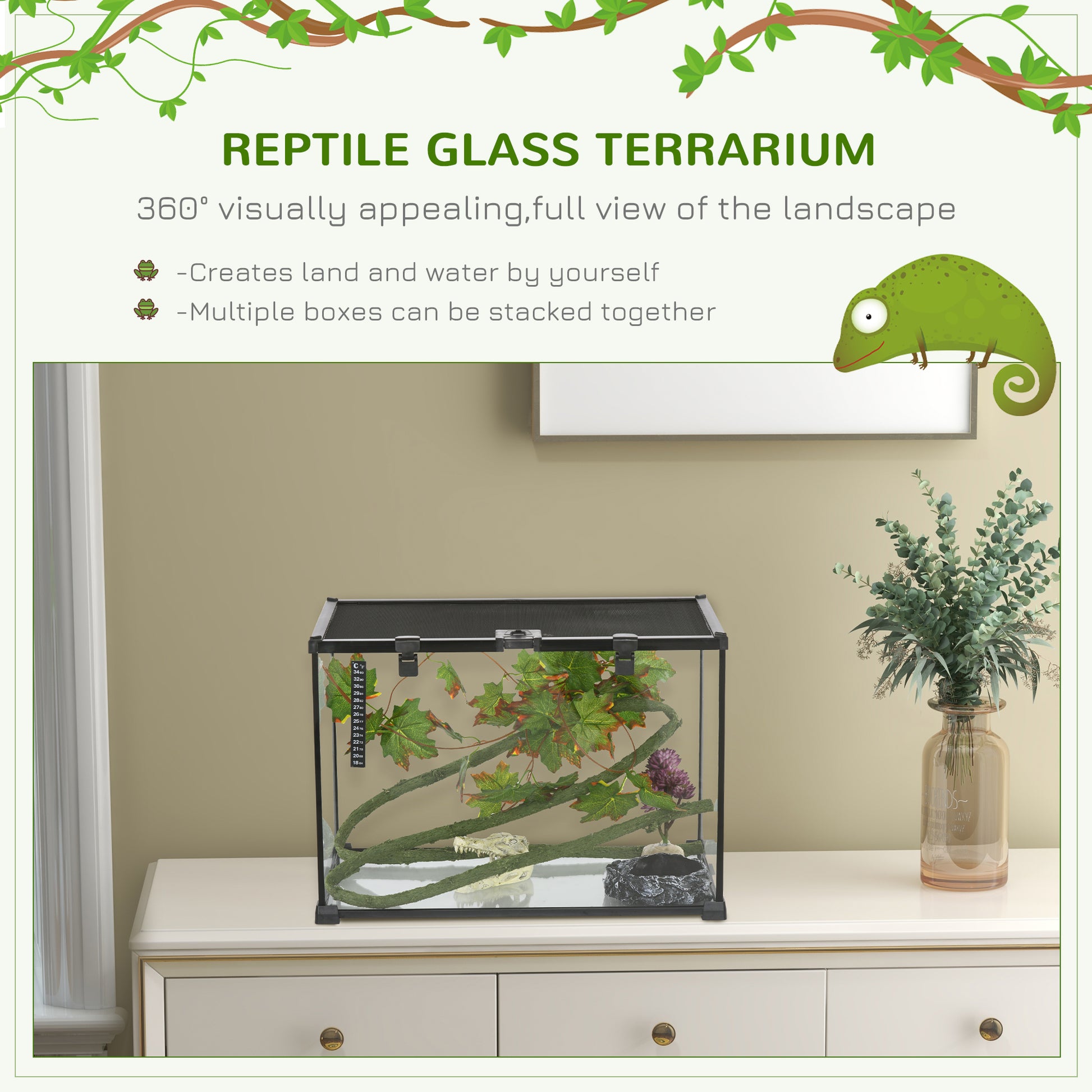 Pawhut 14 Gallon Reptile Glass Terrarium Tank With Decor Kit, Breeding Box Full View With Visually Appealing Sliding Screen Top For Lizards, Frogs, Snakes, Spiders, 20" X 12" X 14", Black Black Glass