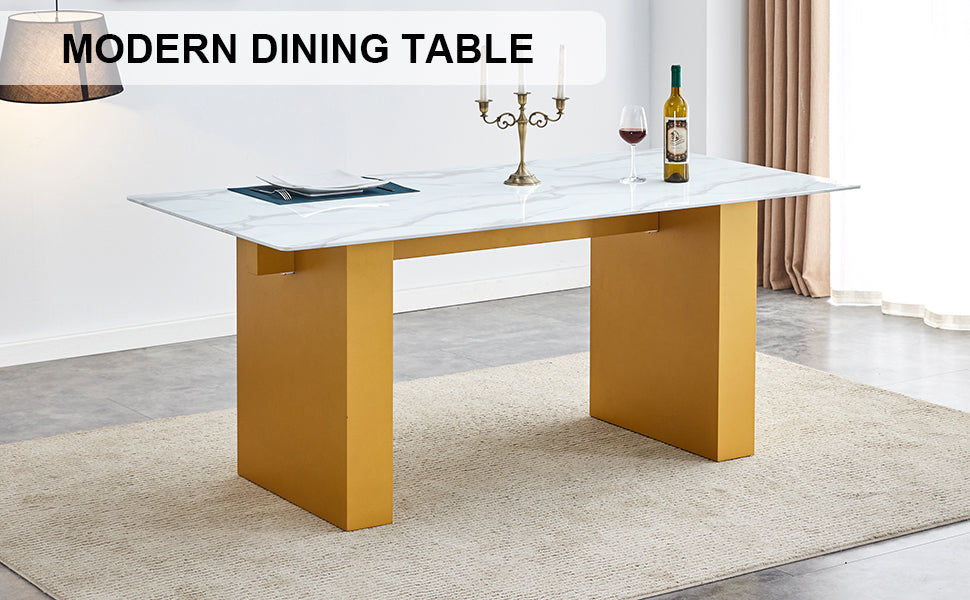 Large Modern Rectangular Table With 0.4 Inch Patterned Tabletop And Large Mdf Table Legs, Suitable For Kitchen, Dining Room, And Living Room 71 "* 35.4" * 30 " 1546 Gold Mdf Glass