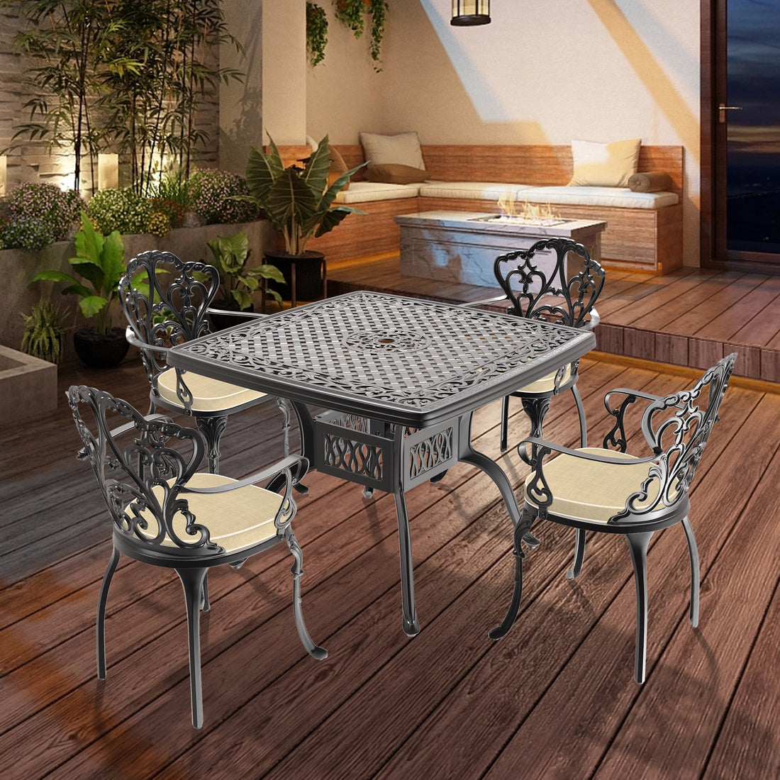 Cushions In Random Colors 5 Piece Set Of Cast Aluminum Patio Furniture With Cushions Yes Dining Set Black Seats 4 Rust Resistant Frame Water Resistant Cushion Garden & Outdoor Complete Patio Sets Aluminium