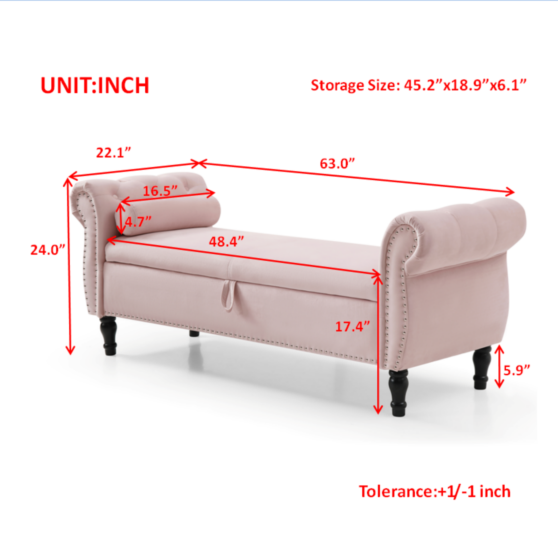Aijia 63" Velvet Multifunctional Storage Rectangular Sofa Stool Buttons Tufted Trimmed Solid Wood Legs With 1 Pillow,Light Pink Light Pink Velvet