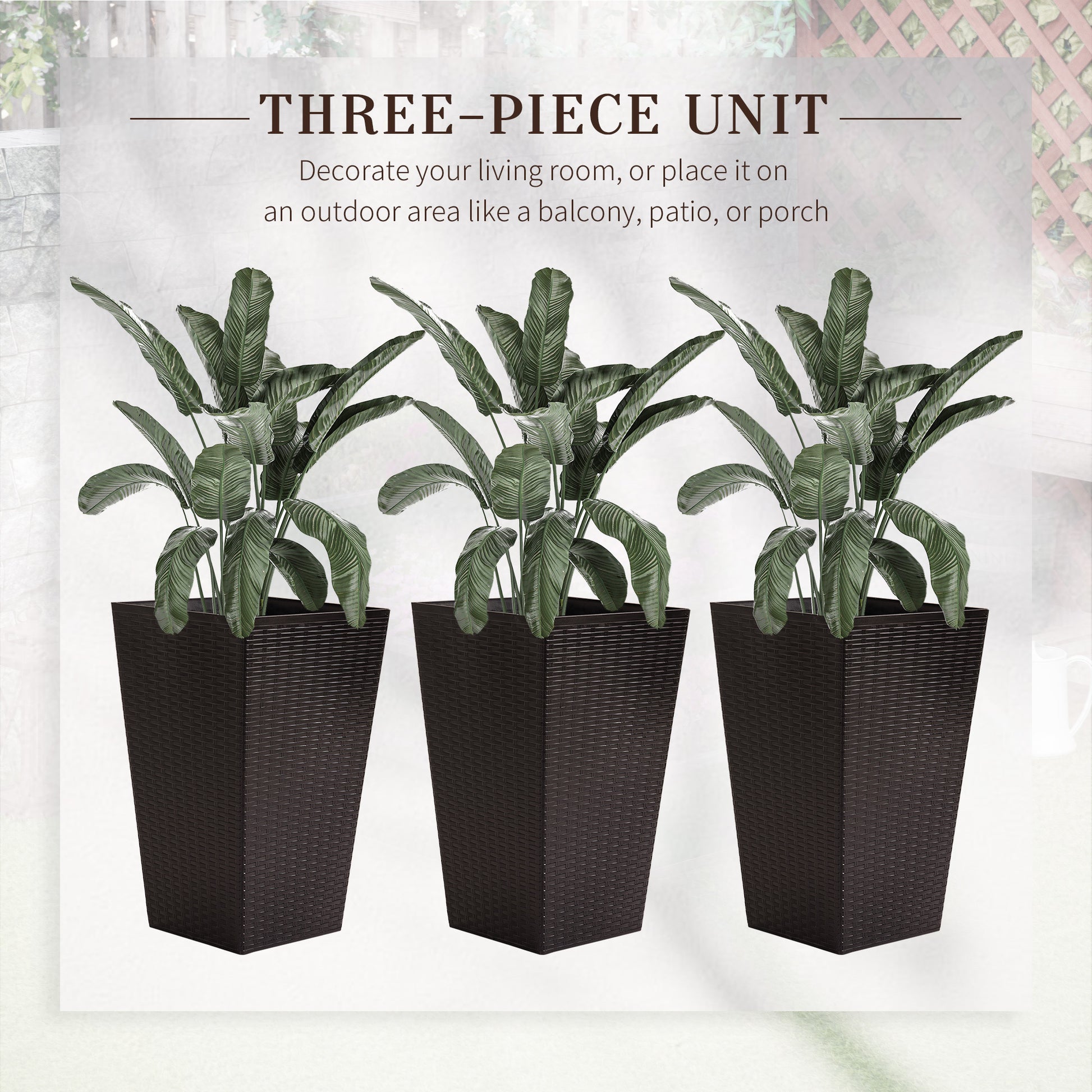 Outsunny Set Of 3 Tall Planters With Drainage Hole, Outdoor Flower Pots, Indoor Planters For Porch, Front Door, Entryway, Patio And Deck, Brown Brown Polypropylene