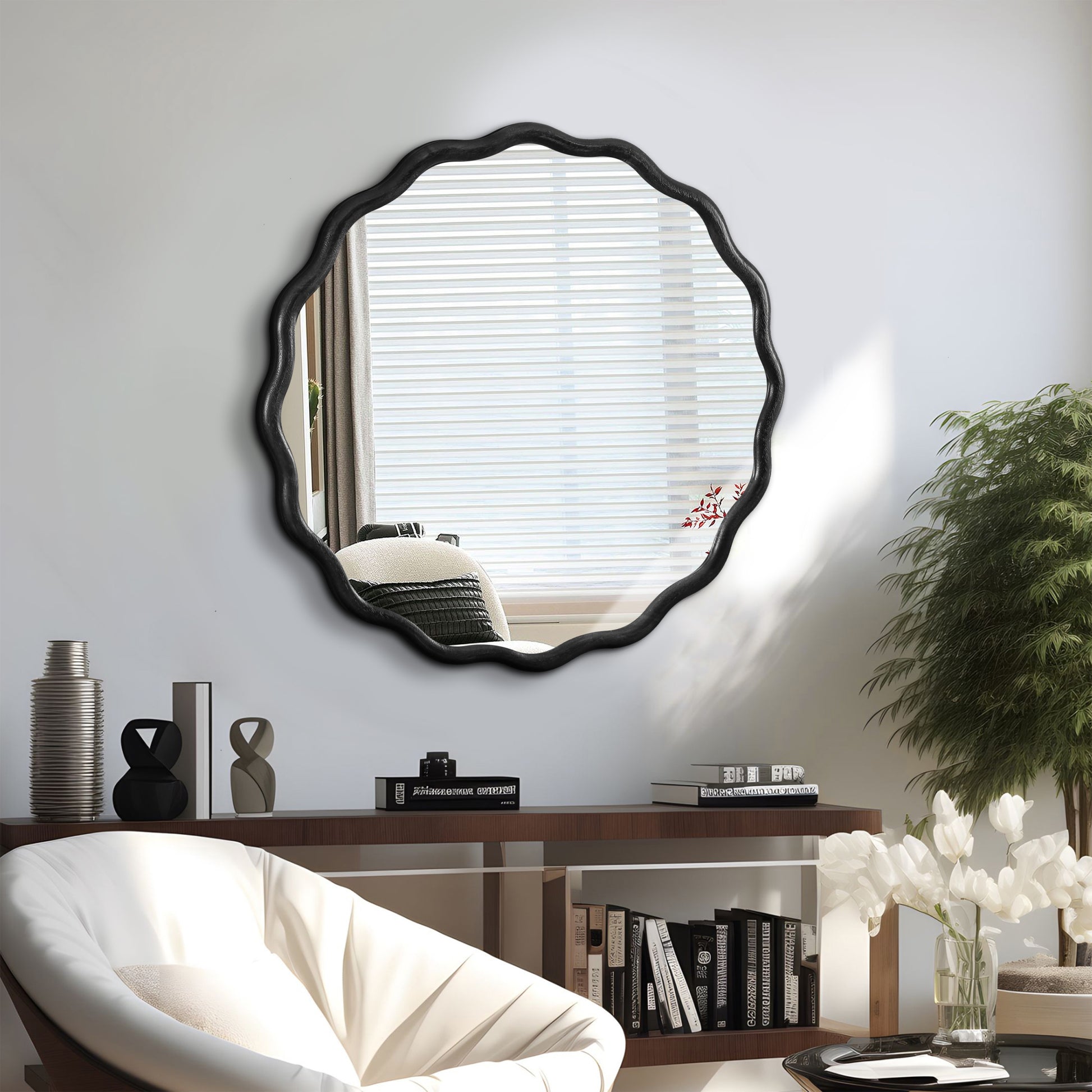 Solid Wood Wavy Mirror Black Mirror Wall Decor 31" X 31" Modern Mirror Wall Decor For Bathroom, Bedroom, Living Room, Dining Room, Cloakroom, Entryway Black Glass Solid Wood