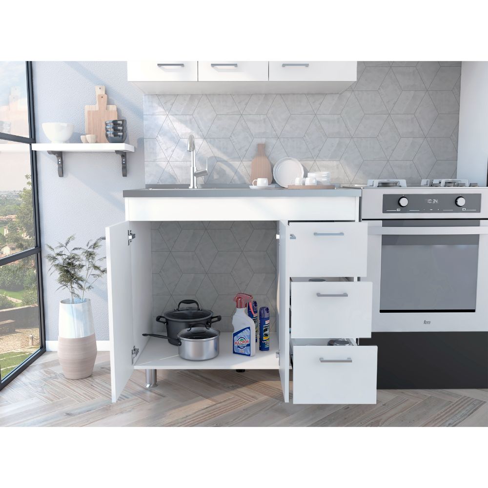 Base Double Door Cabinet, Three Drawers, White White Solid Wood Mdf Engineered Wood