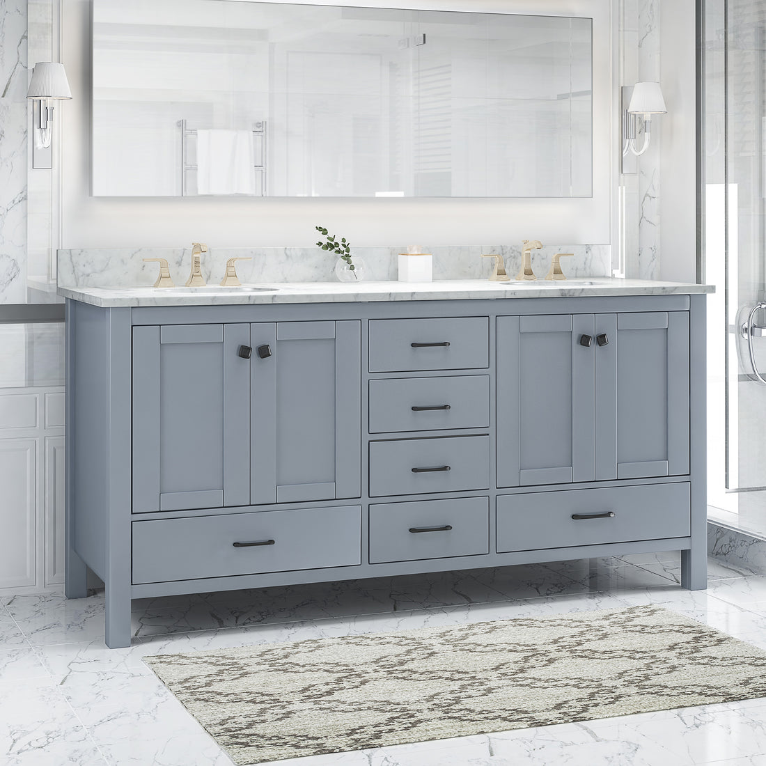 73'' Bathroom Vanity With Marble Top & Double Ceramic Sinks, 4 Doors, 6 Drawers, Grey Grey Plywood