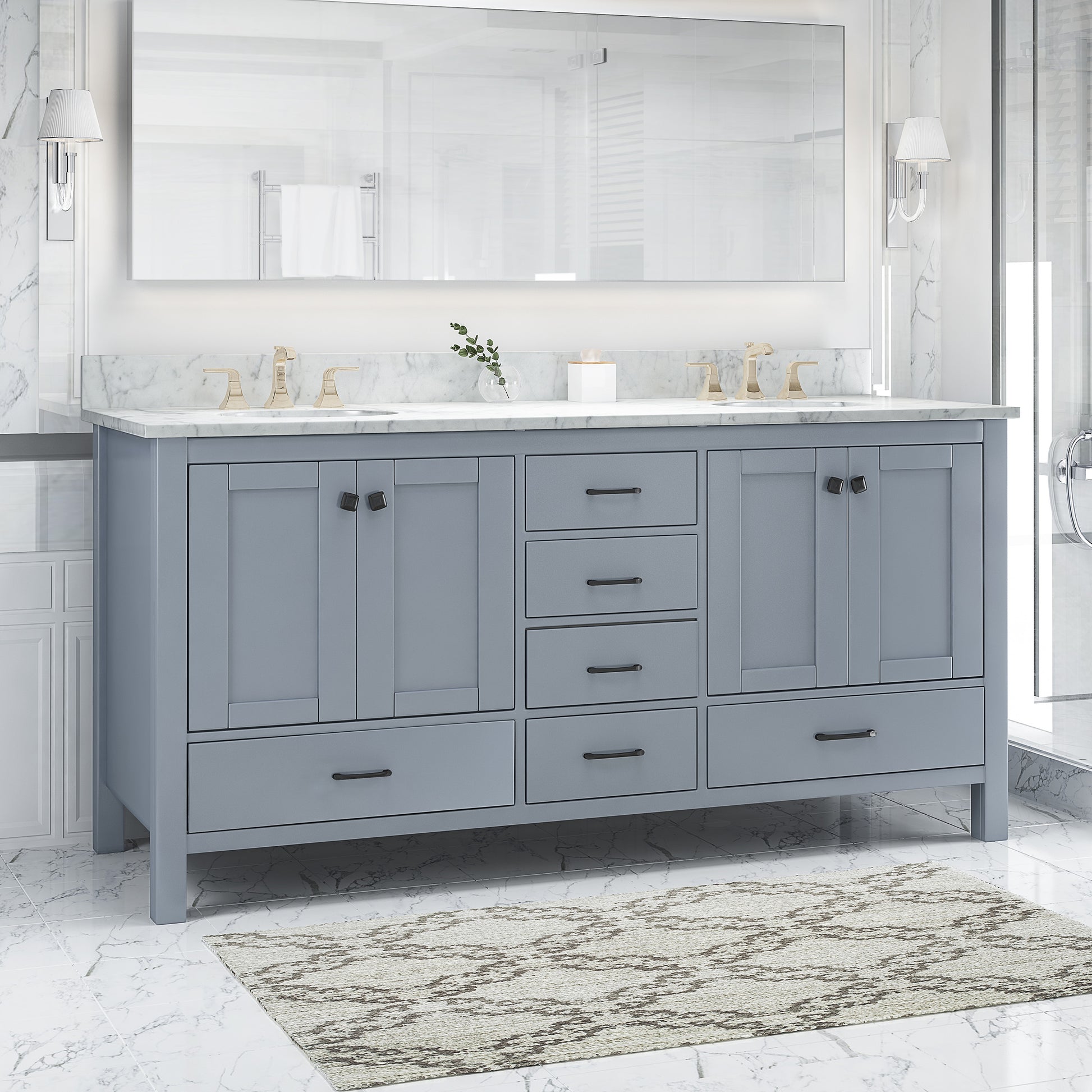 73'' Bathroom Vanity With Marble Top & Double Ceramic Sinks, 4 Doors, 6 Drawers, Grey Grey Plywood